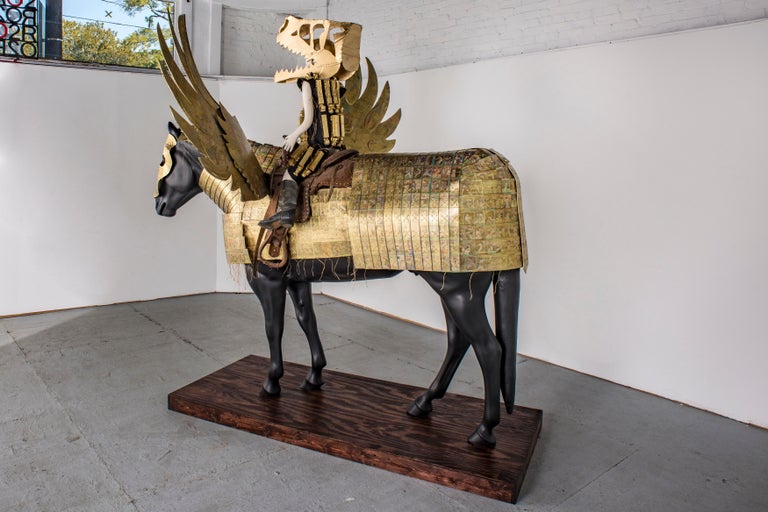 Life Size Sculpture of Human figure on Horse: 'Golden Pegasus Armor' - Gray Figurative Sculpture by Joshua Goode