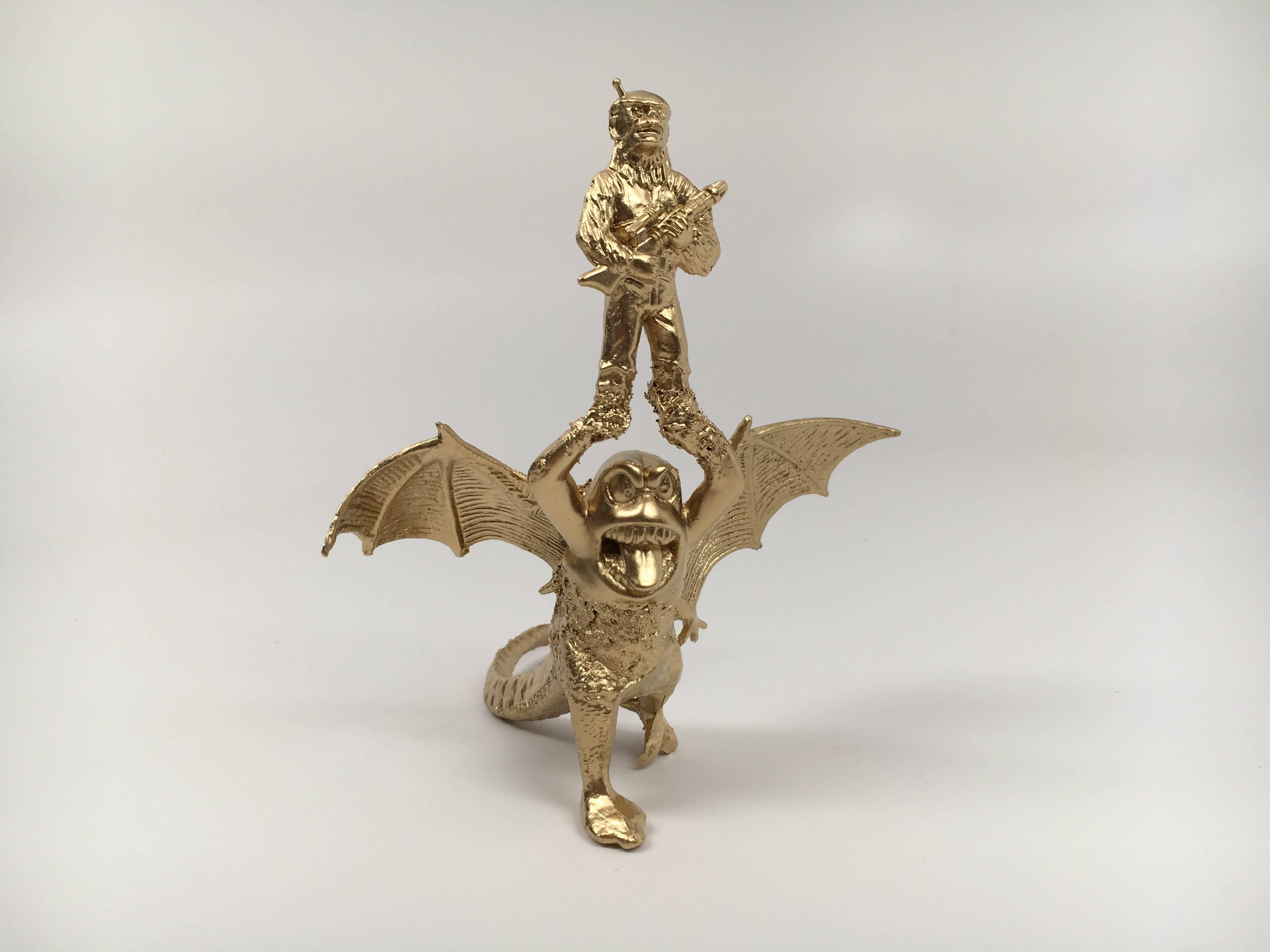Joshua Goode Figurative Sculpture - Cast metal sculpture of monkey and man: 'Space Monkey'