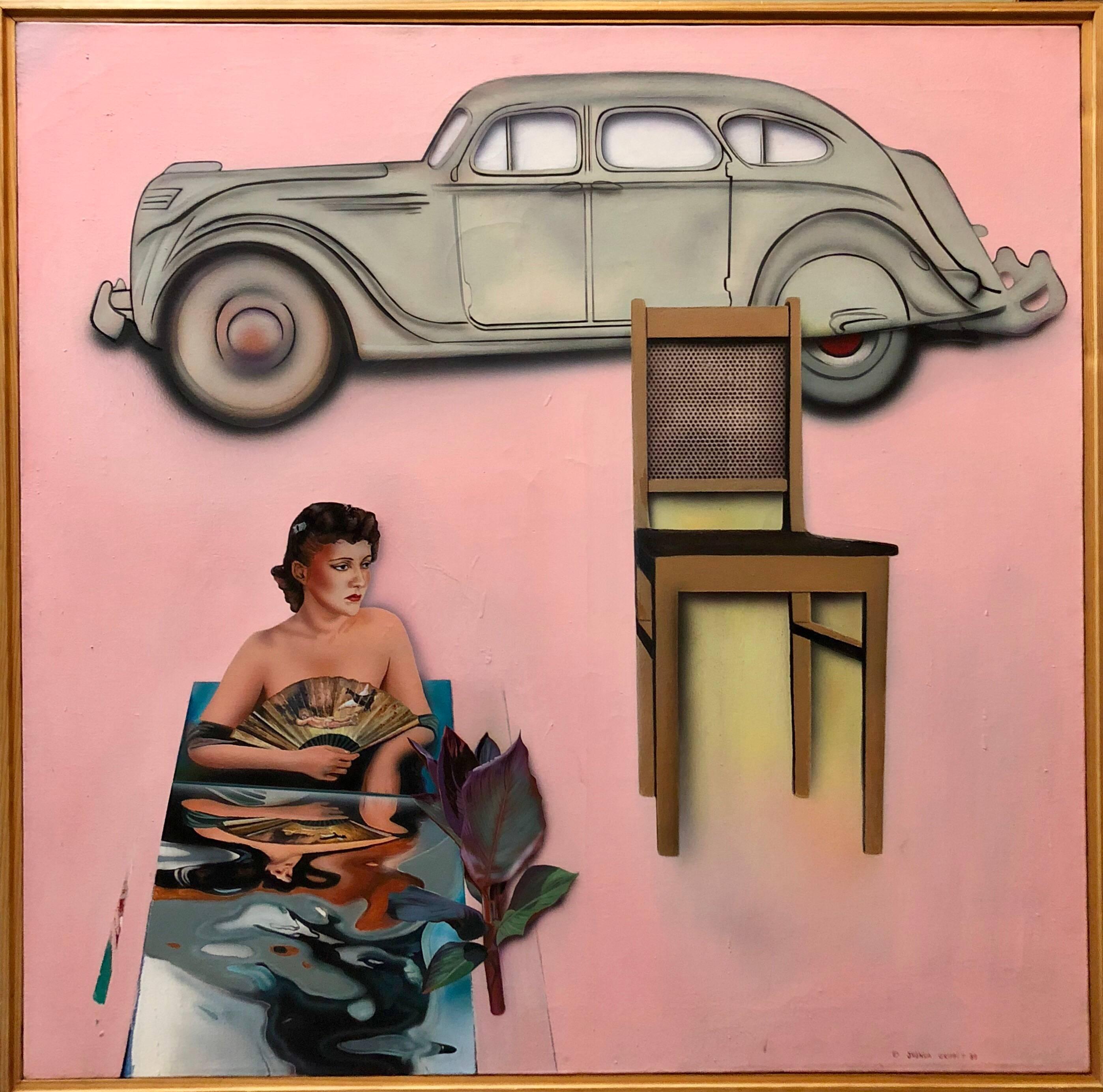 Grande peinture à l'huile américaine vintage d'art populaire israélien représentant une voiture, rose - Painting de Joshua Griffit