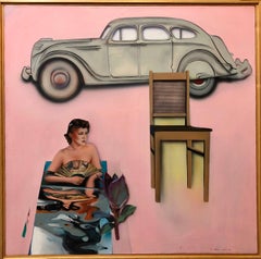 Israeli Pop Art Large Vintage Antique Auto Pink Oil Painting Americana