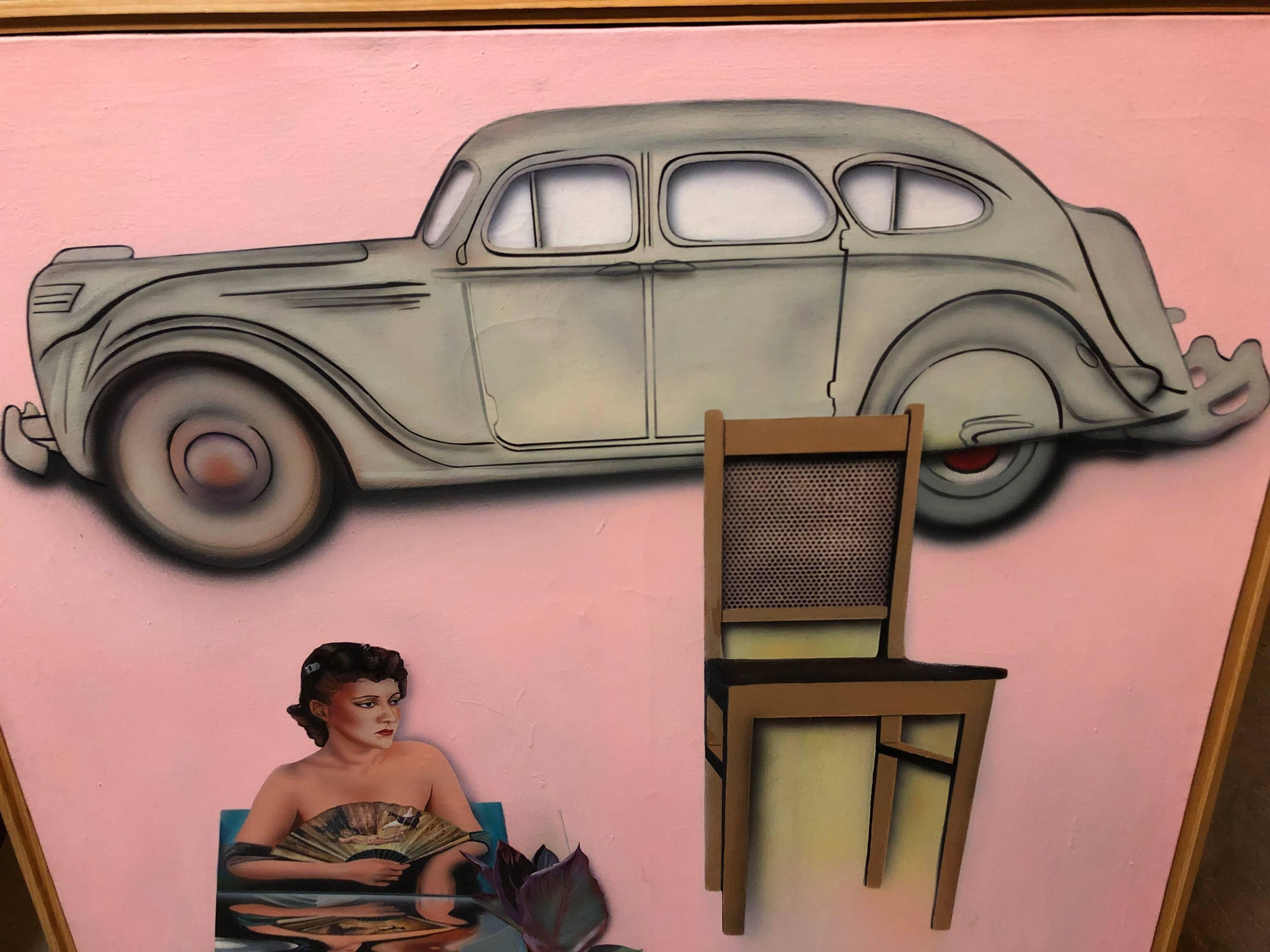 Grande peinture à l'huile américaine vintage d'art populaire israélien représentant une voiture, rose - Pop Art Painting par Joshua Griffit