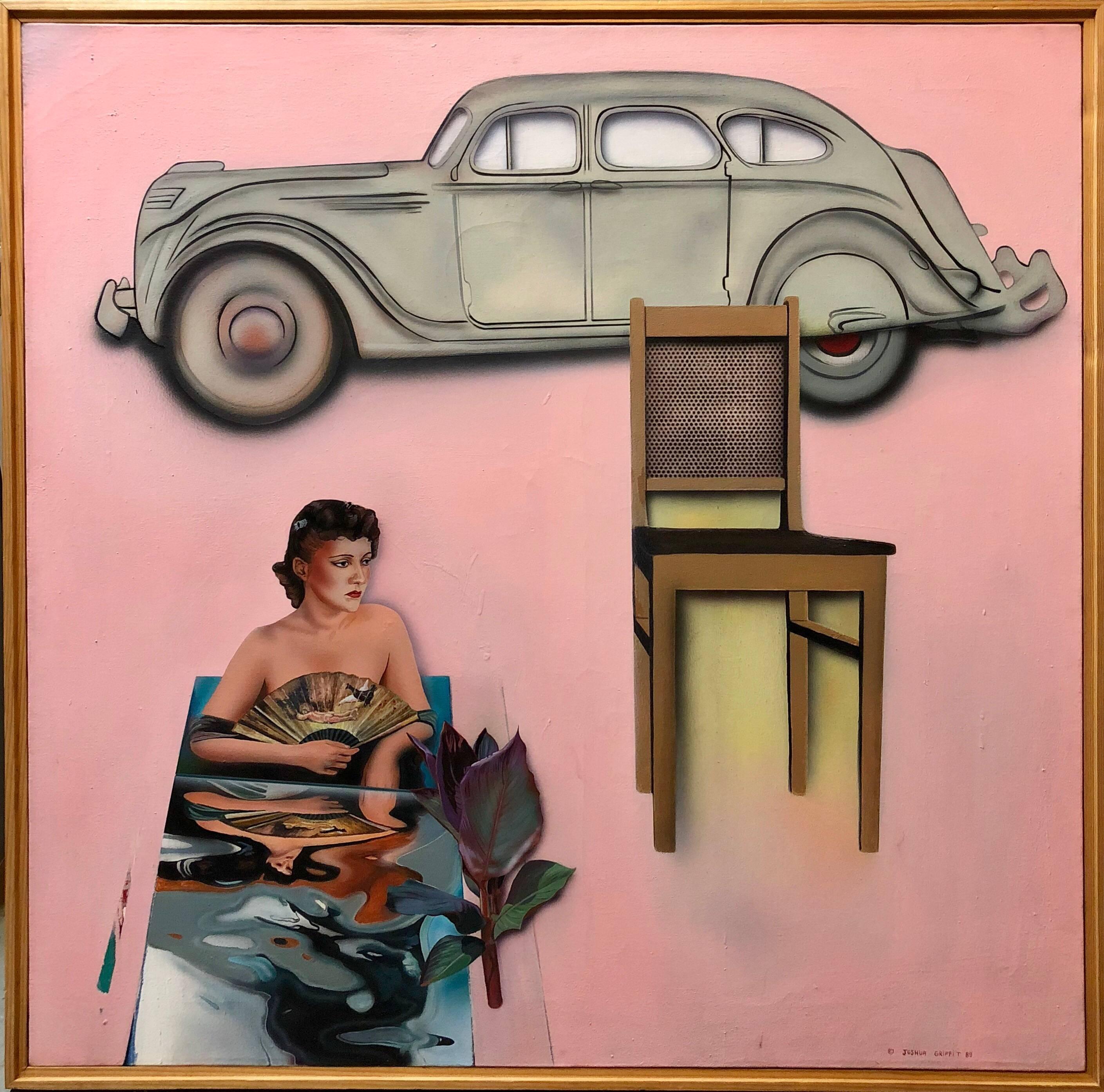 Grande peinture à l'huile américaine vintage d'art populaire israélien représentant une voiture, rose