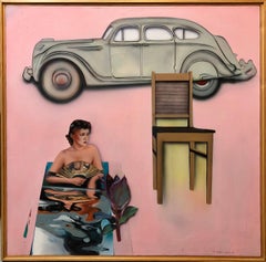Grande peinture à l'huile américaine vintage d'art populaire israélien représentant une voiture, rose