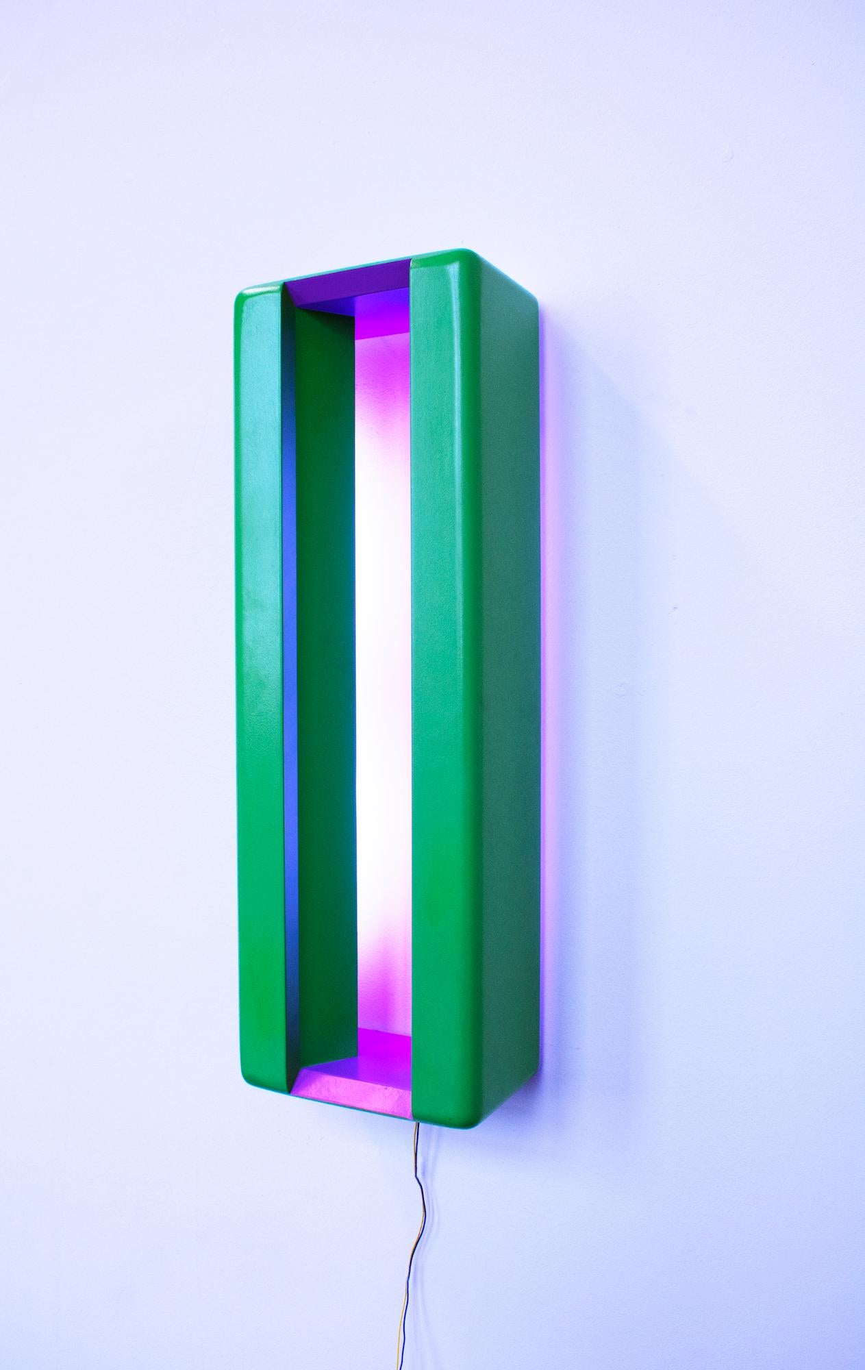 Joshua Leff Abstract Sculpture - Window, abstract light sculpture, purple and green