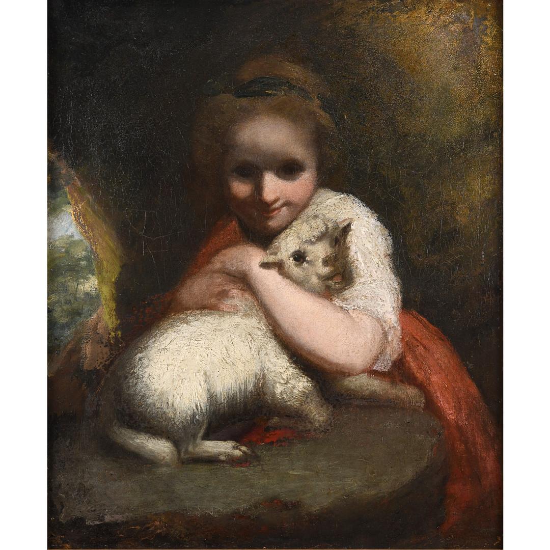 Fine 18th Century British Old Master Oil The Young Shepherdess with Lamb - Painting by Joshua Reynolds