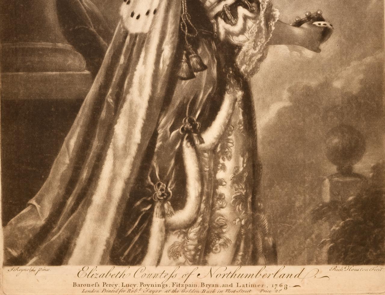 Dies ist ein Schabkunstporträt von Elizabeth, Gräfin von Northumberland, Baronin Percy, aus dem 18. Jahrhundert von Richard Houston nach einem Gemälde von Joshua Reynolds, das 1763 in London von Robert Sayer veröffentlicht wurde. Es handelt sich um