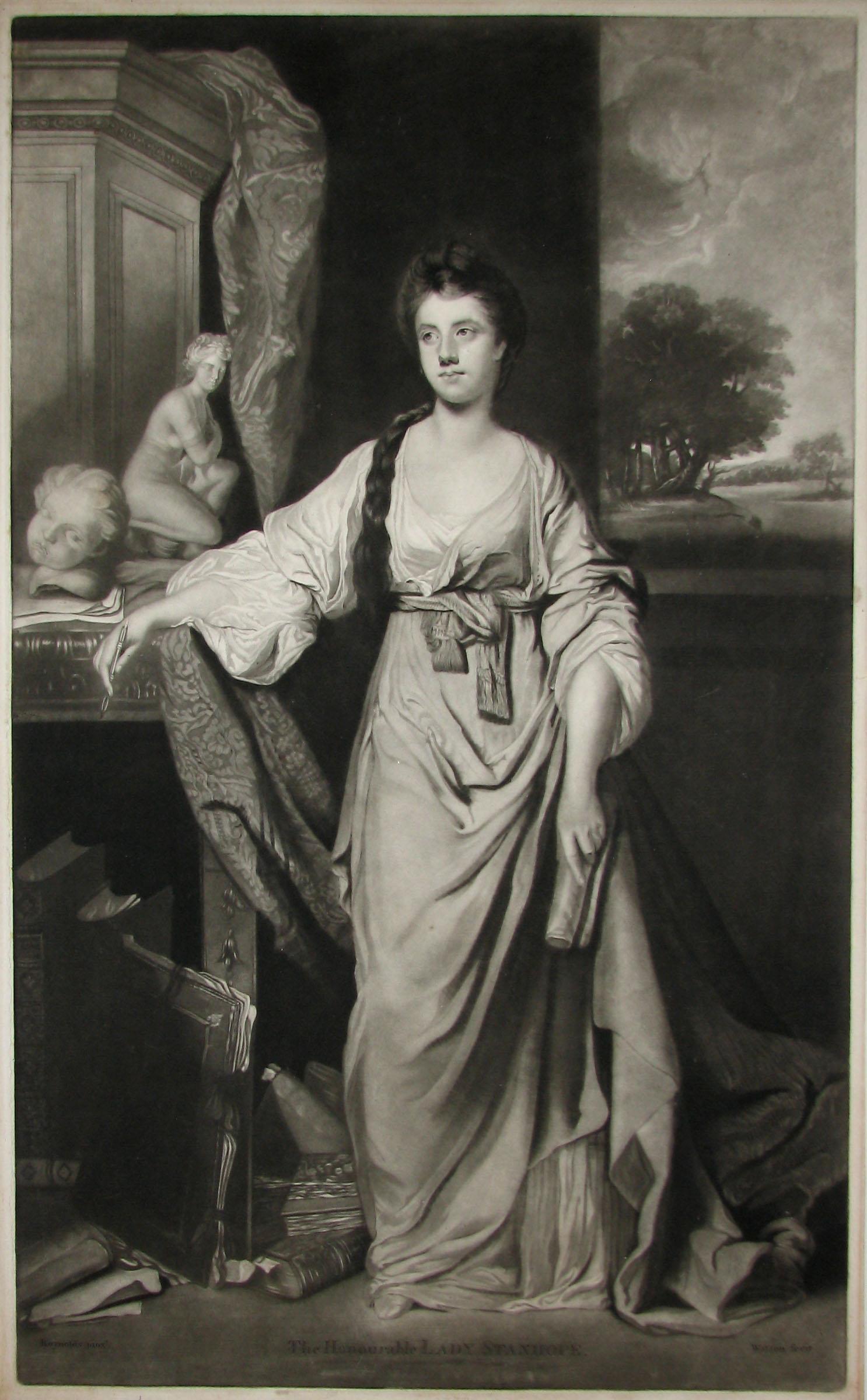 Lady Stanhope, estampe de portrait en mezzo-tinte anglaise d'après Sir Joshua Reynolds, vers 1780