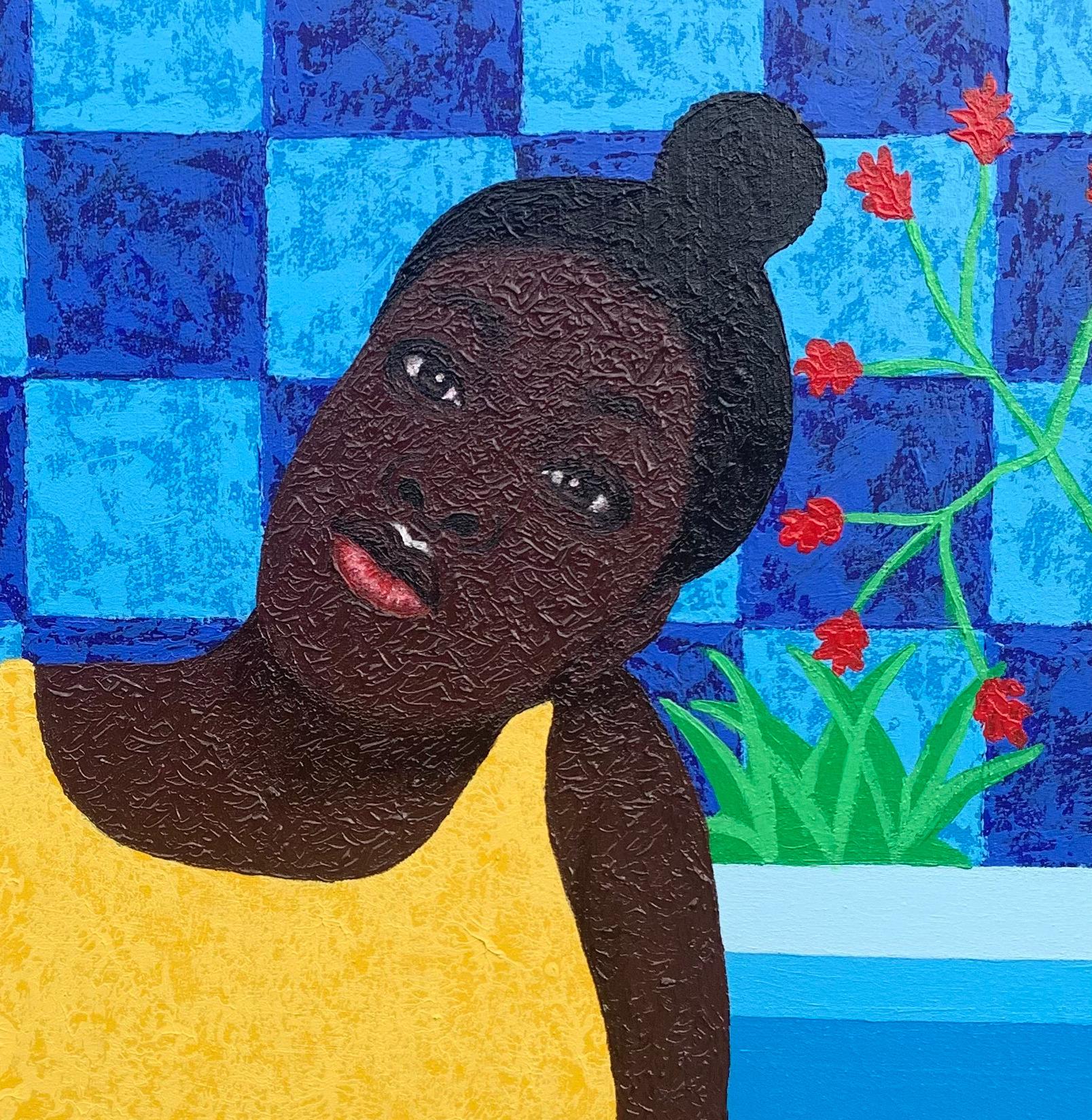 En Paz 1 - Siglo XXI, Pintura Contemporánea de Mujer con Acrílico, Floral - Painting Contemporáneo de Joshua Salami