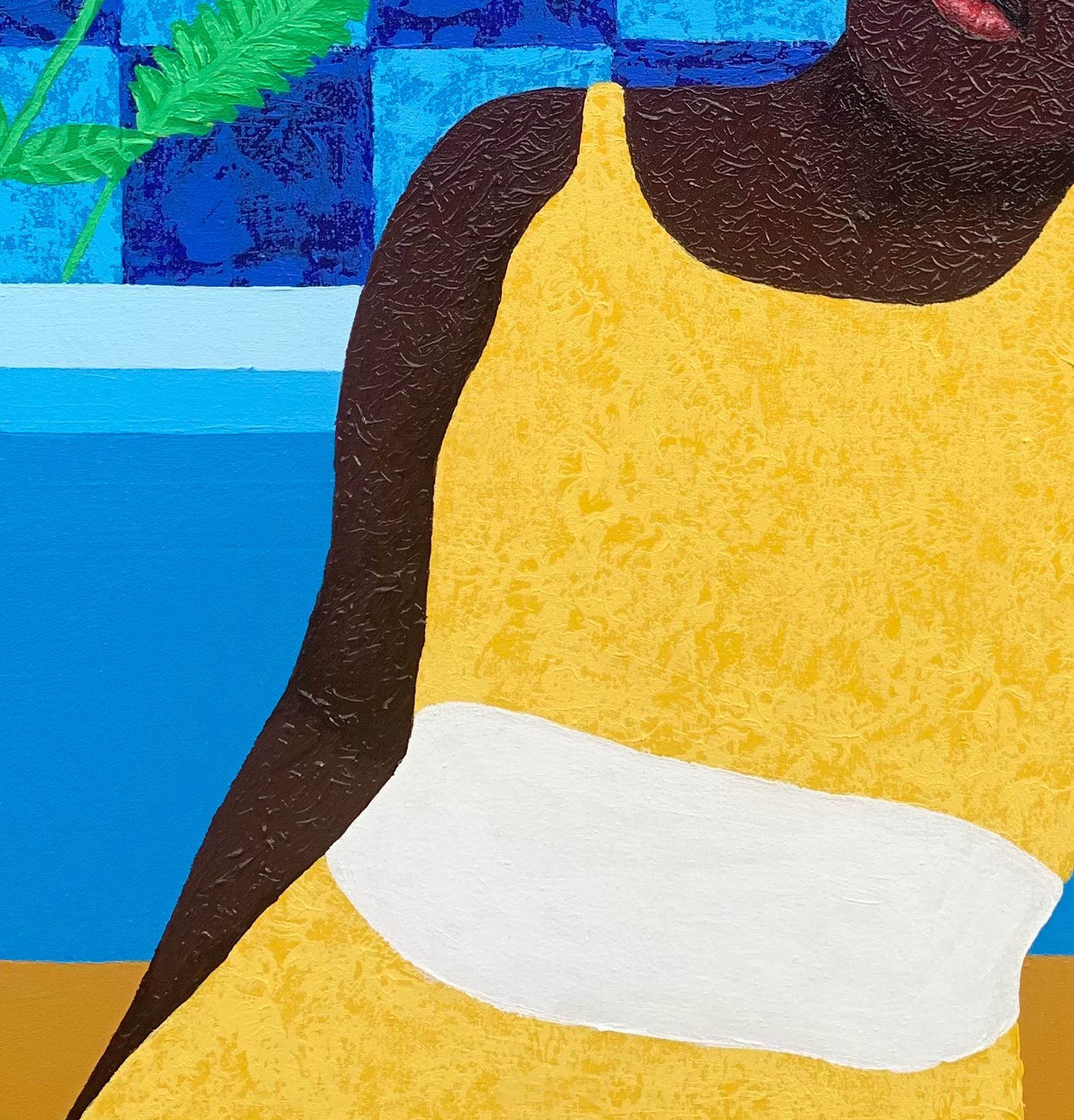 En Paz 1 - Siglo XXI, Pintura Contemporánea de Mujer con Acrílico, Floral - Figurative Painting Azul de Joshua Salami