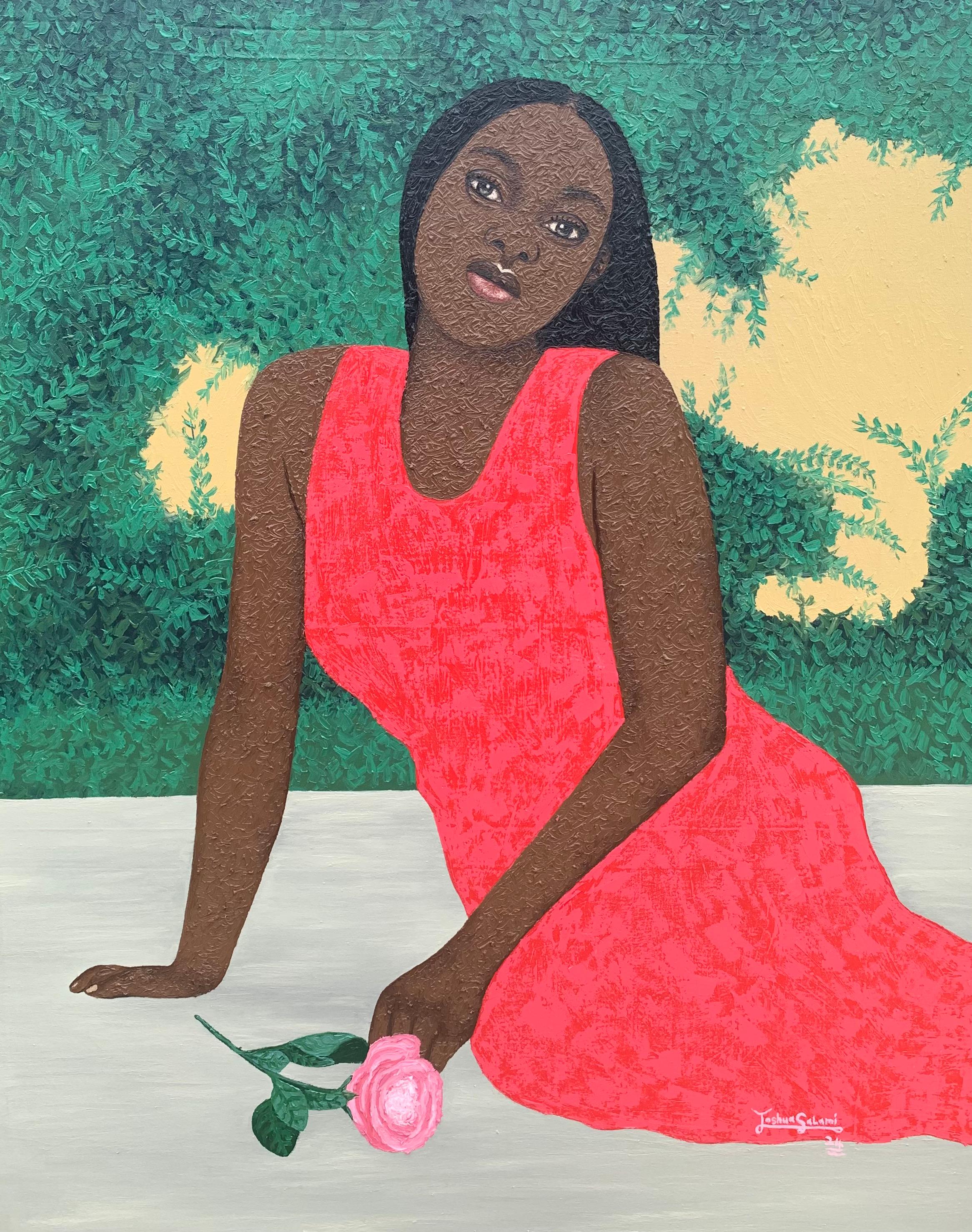 Figurative Painting di Joshua Salami - Attesa emozionante -21° secolo, Contemporaneo, Figurativo, Moderno, Donne, Amore