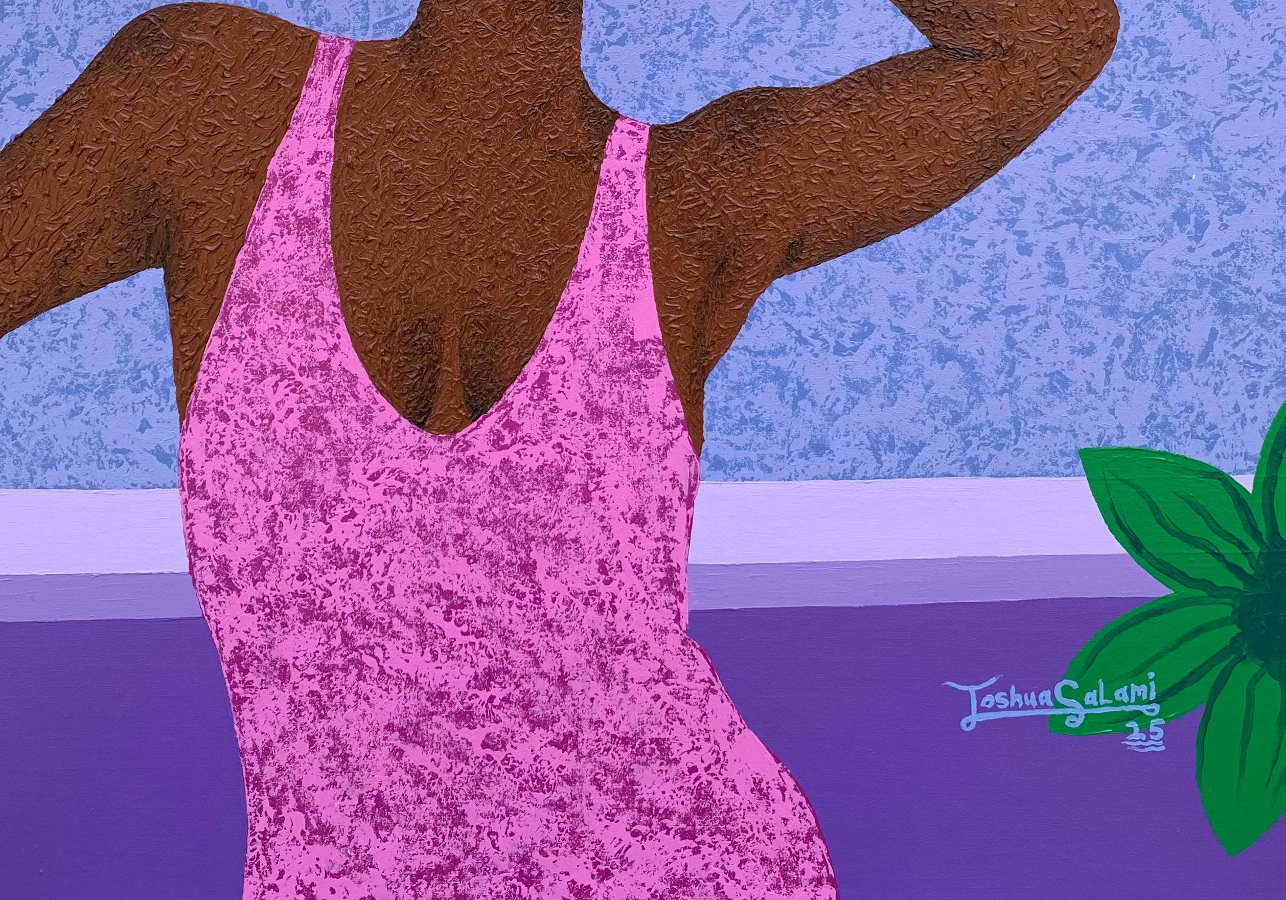 Feeling Awesome -Siglo XXI, Contemporáneo, Retrato Figurativo, Moderno, Mujer - Figurative Painting Púrpura de Joshua Salami