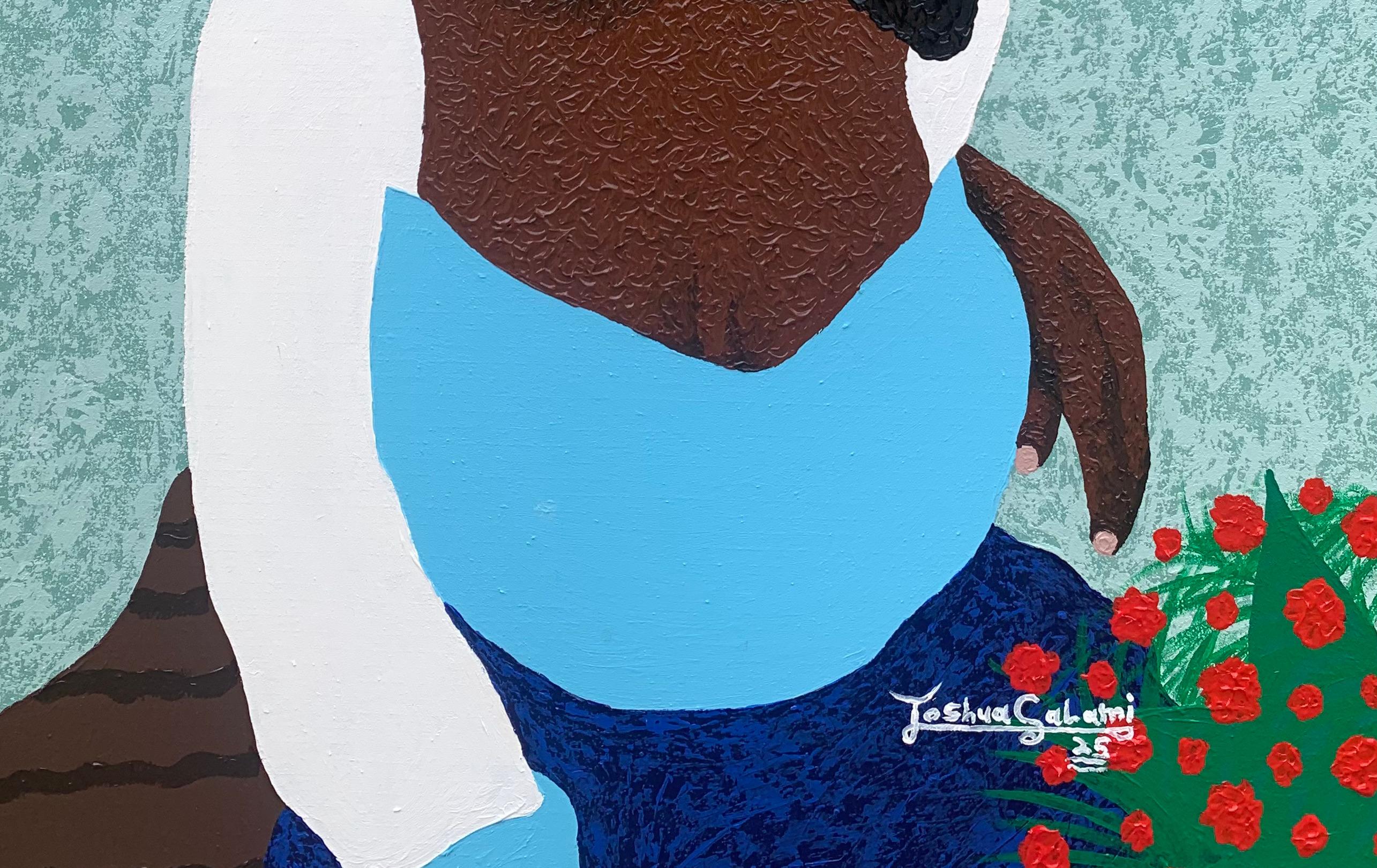 Feeling Fortunate -21st Century Contemporary, Figurative Portrait, Floral Modern - Blue Portrait Painting by Joshua Salami