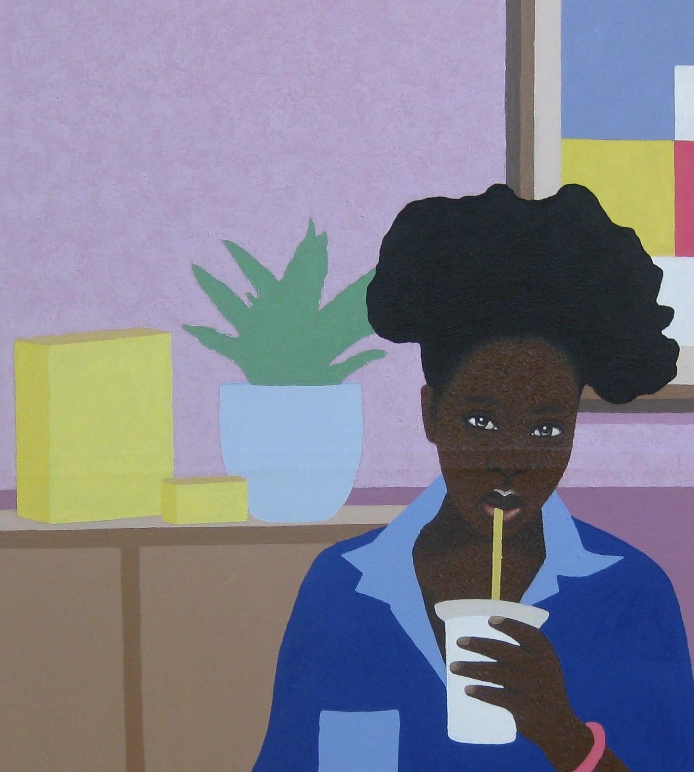 Se sentir bien : Cette peinture à l'huile représente une jeune femme qui prend la pose en buvant une bouteille dans sa belle maison nigériane. 

Joshua Salami est un artiste dont la passion pour la créativité en peinture n'a pas de limite. Il est un