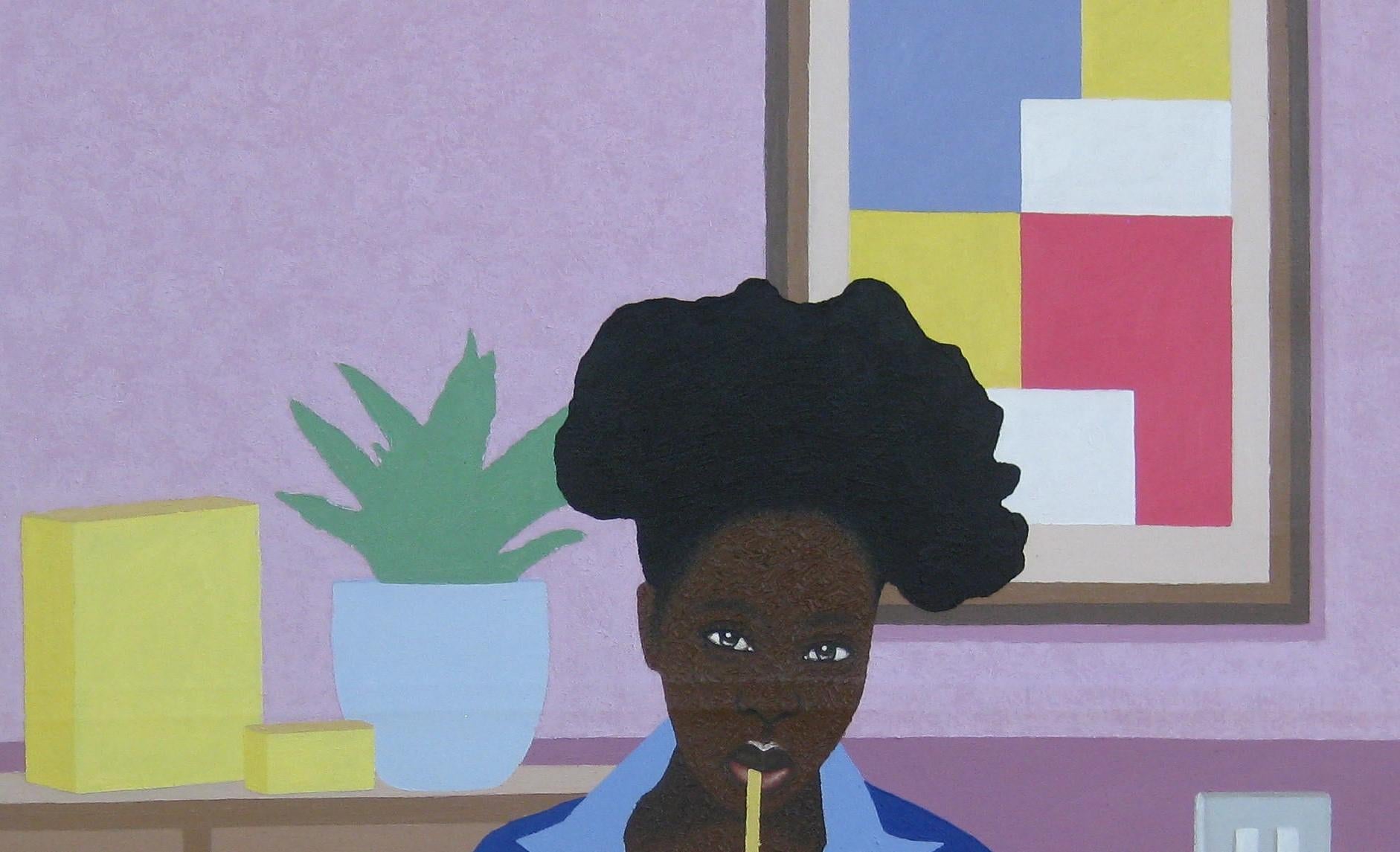 Se sentir bien  Huile sur toile  Portrait intérieur d'un artiste nigérian 2023 en vente 1