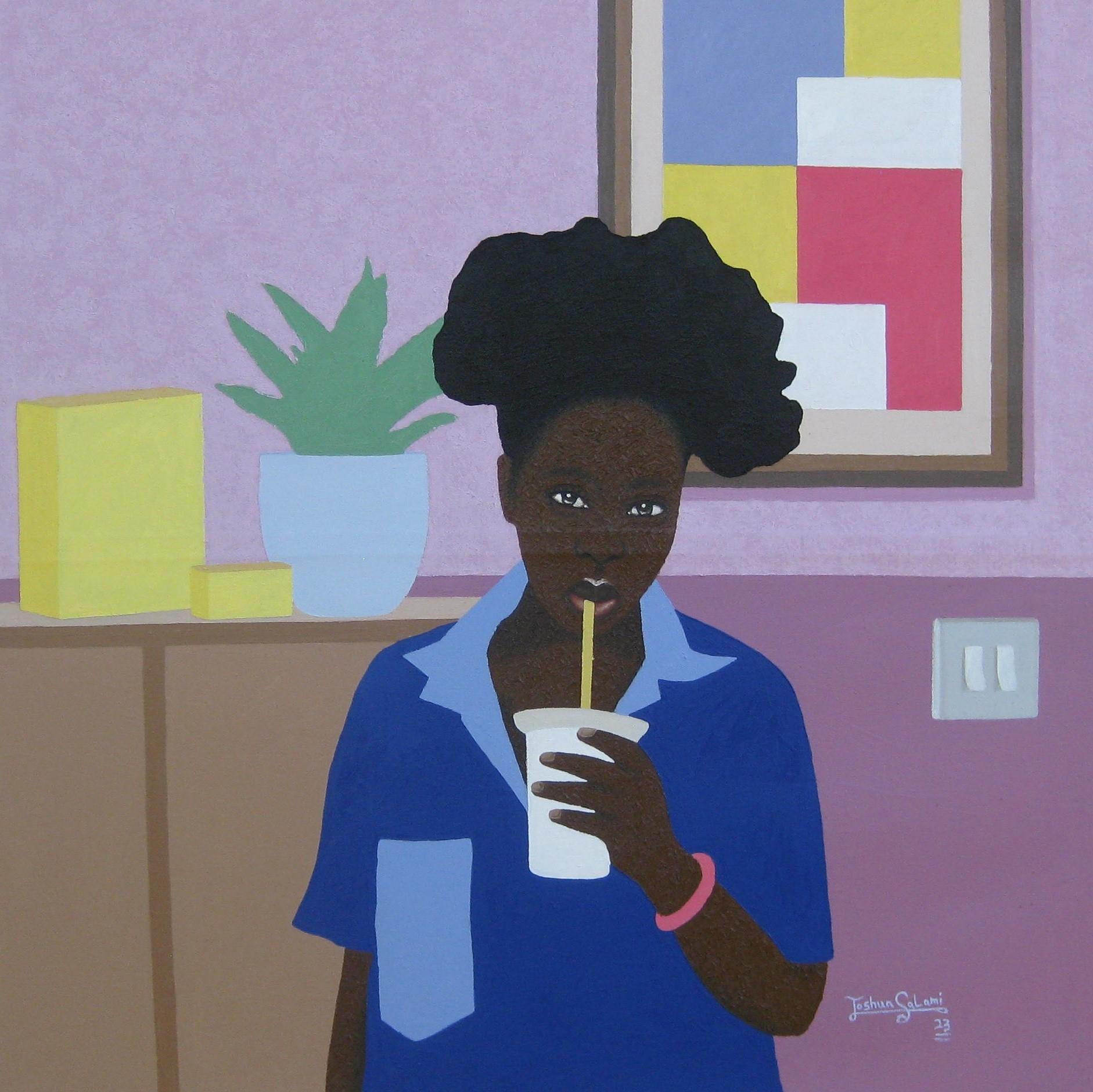 Interior Painting Joshua Salami - Se sentir bien  Huile sur toile  Portrait intérieur d'un artiste nigérian 2023