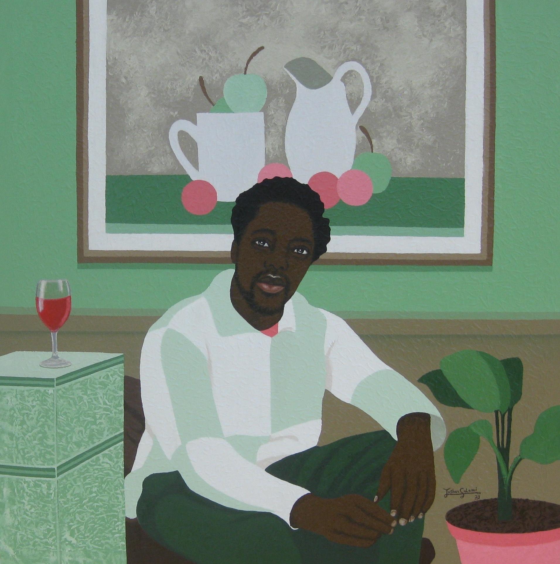 Figurative Painting di Joshua Salami - Nel suo spazio -21° secolo, Contemporaneo, Figurativo, Uomo moderno, Interni, Vino