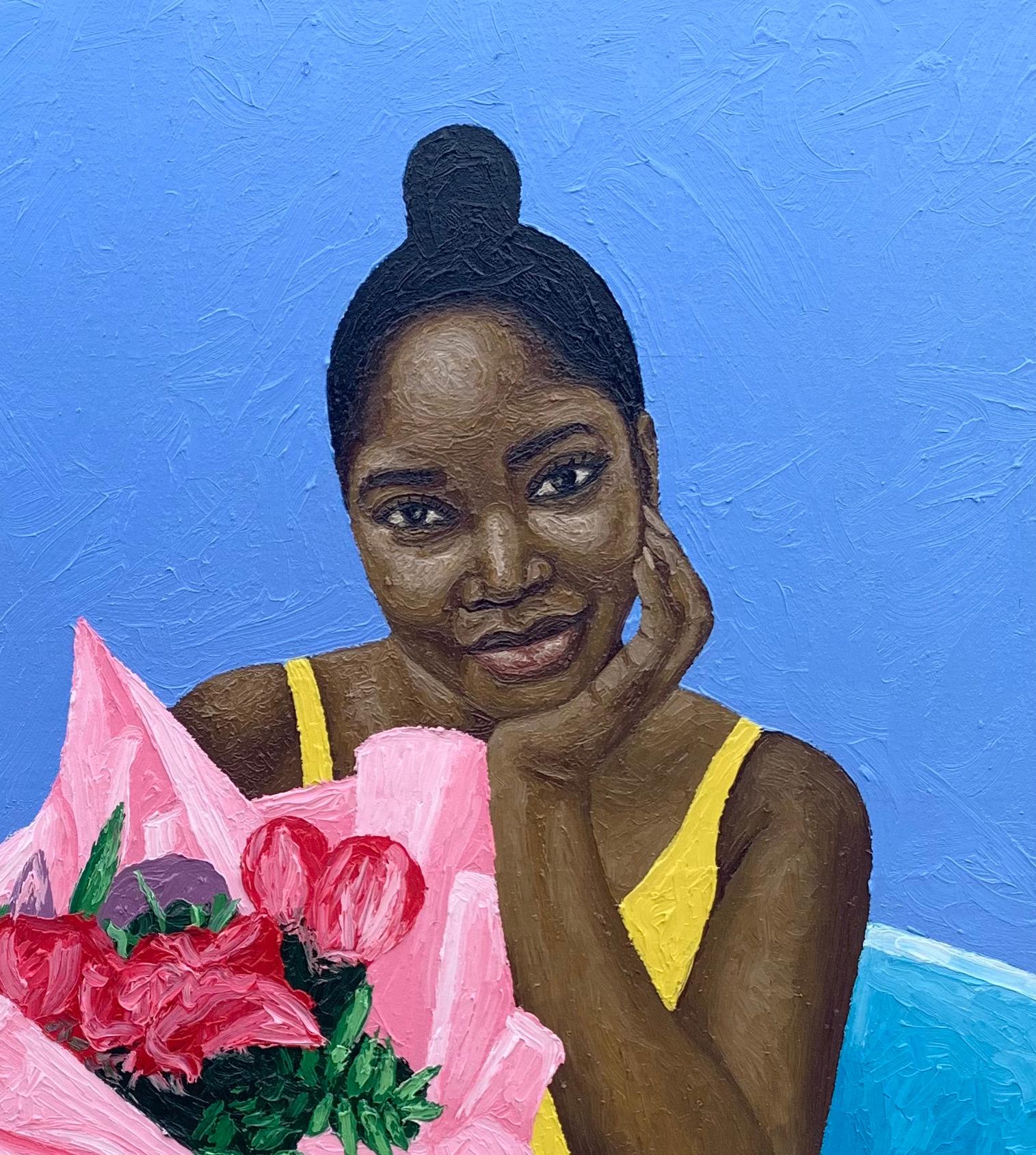 Moment He Gave Me Flowers - 21° secolo, Contemporaneo, Paesaggio, Donne, Amore - Portrait Painting Blu di Joshua Salami