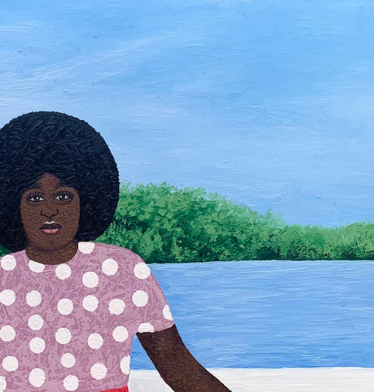 Moment on the Sea - 21st Century, Contemporary, Landscape, Women, Modern Art - Blue Figurative Painting by Joshua Salami