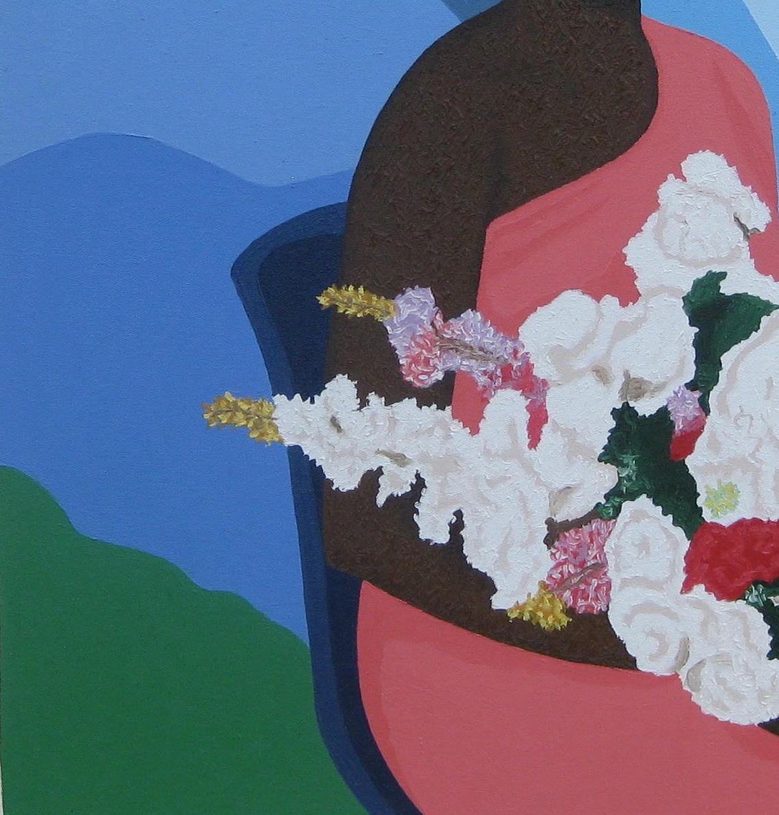 Sitting Pretty - Ritratto figurativo del XXI secolo, Donna, Fiori - Portrait Painting Blu di Joshua Salami