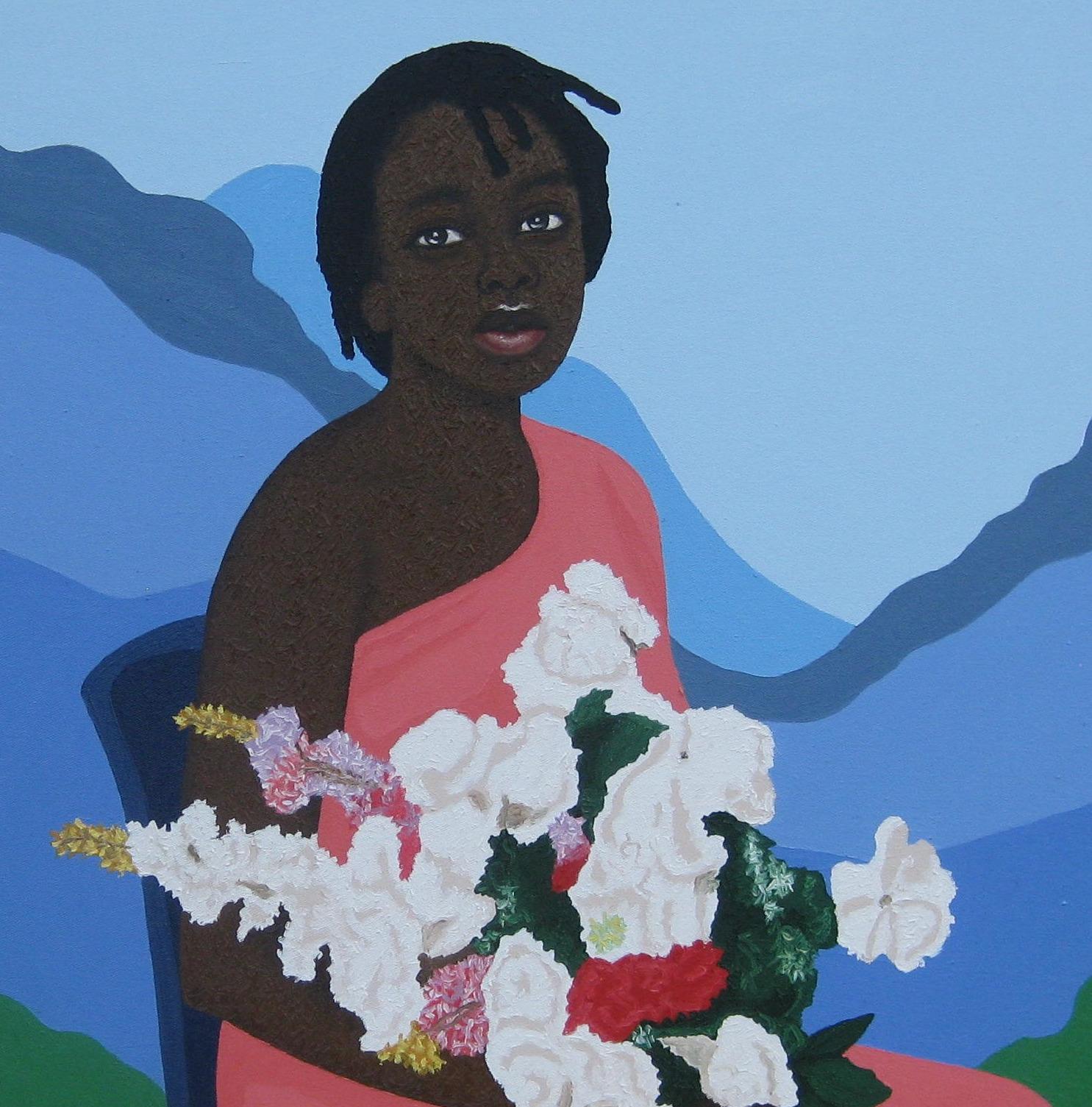 Sitting Pretty - Ritratto figurativo del XXI secolo, Donna, Fiori 1