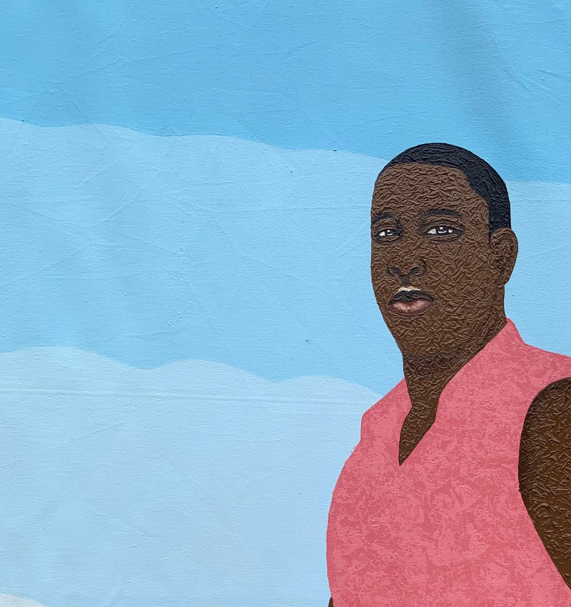 Manchmal am Strand – 21. Jahrhundert, Expressionismus, figurative Landschaft, Männer – Painting von Joshua Salami