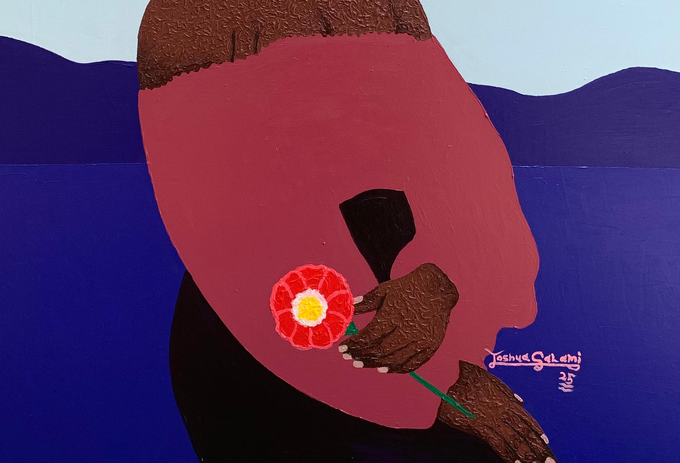 Wer verdient meine Blume am meisten - 21. Jahrhundert Zeitgenössische, figurative, moderne Frauen (Blau), Figurative Painting, von Joshua Salami