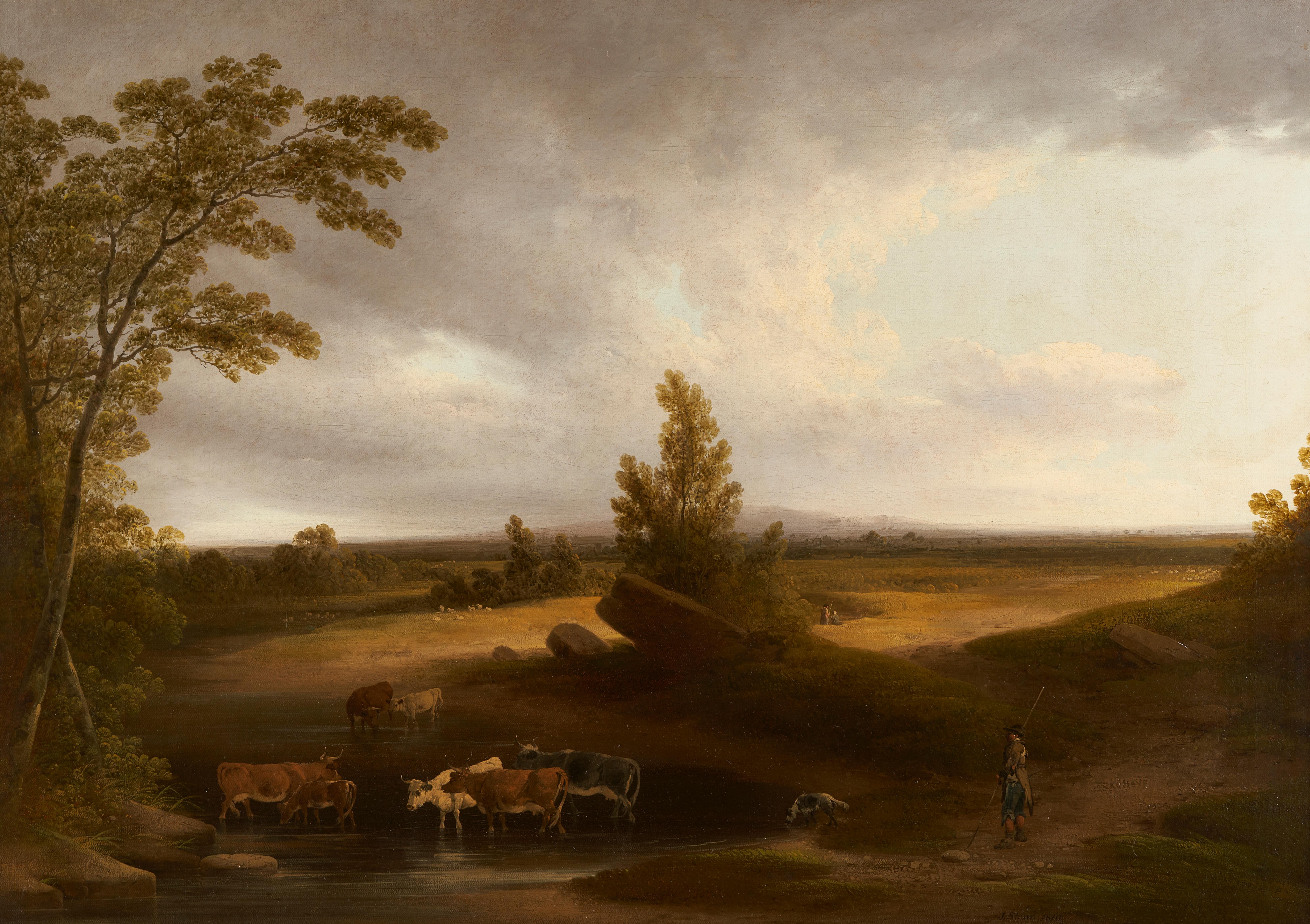 Il bestiame si abbevera in un paesaggio aperto - Painting di Joshua Shaw