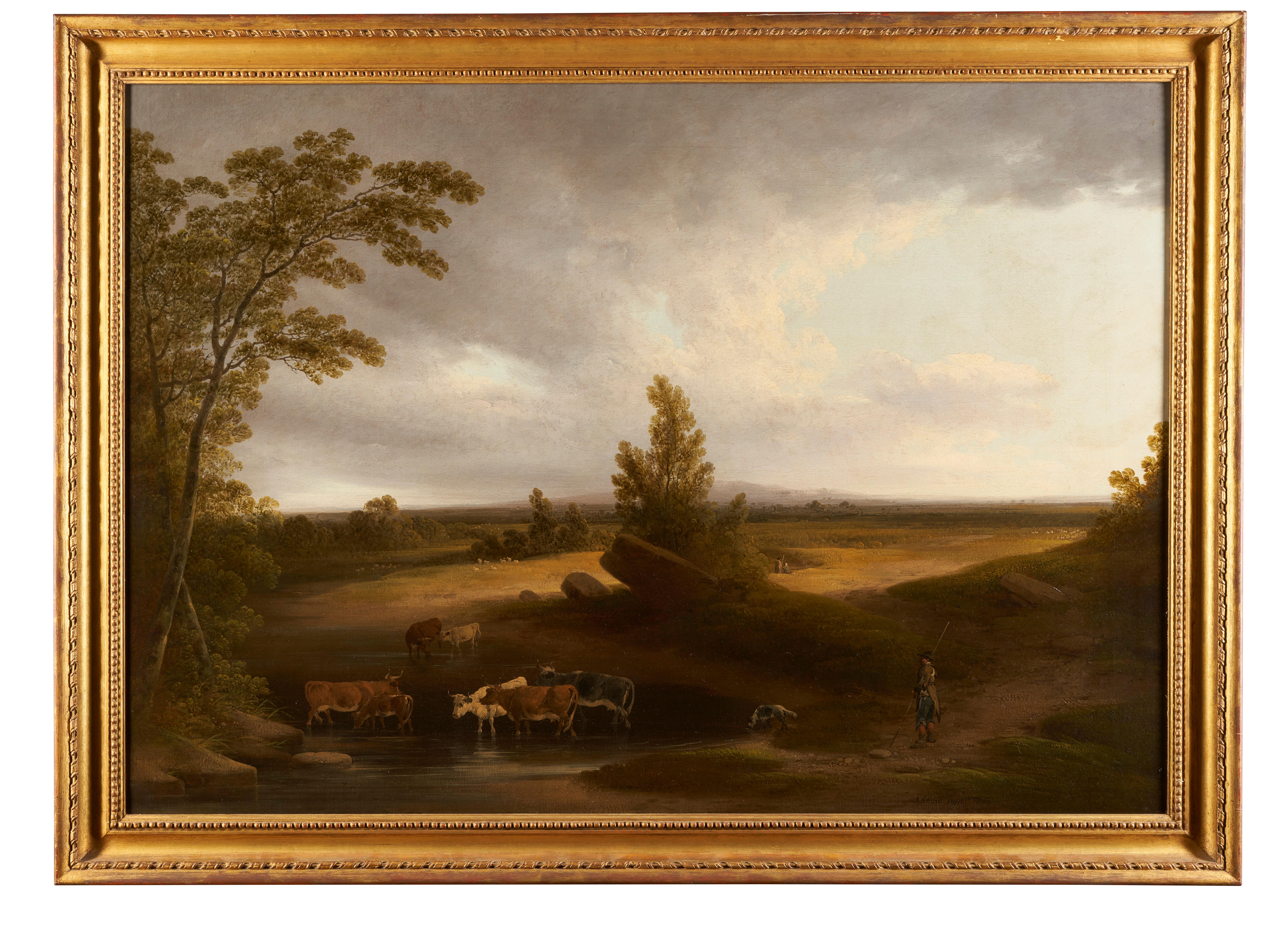 Landscape Painting di Joshua Shaw - Il bestiame si abbevera in un paesaggio aperto