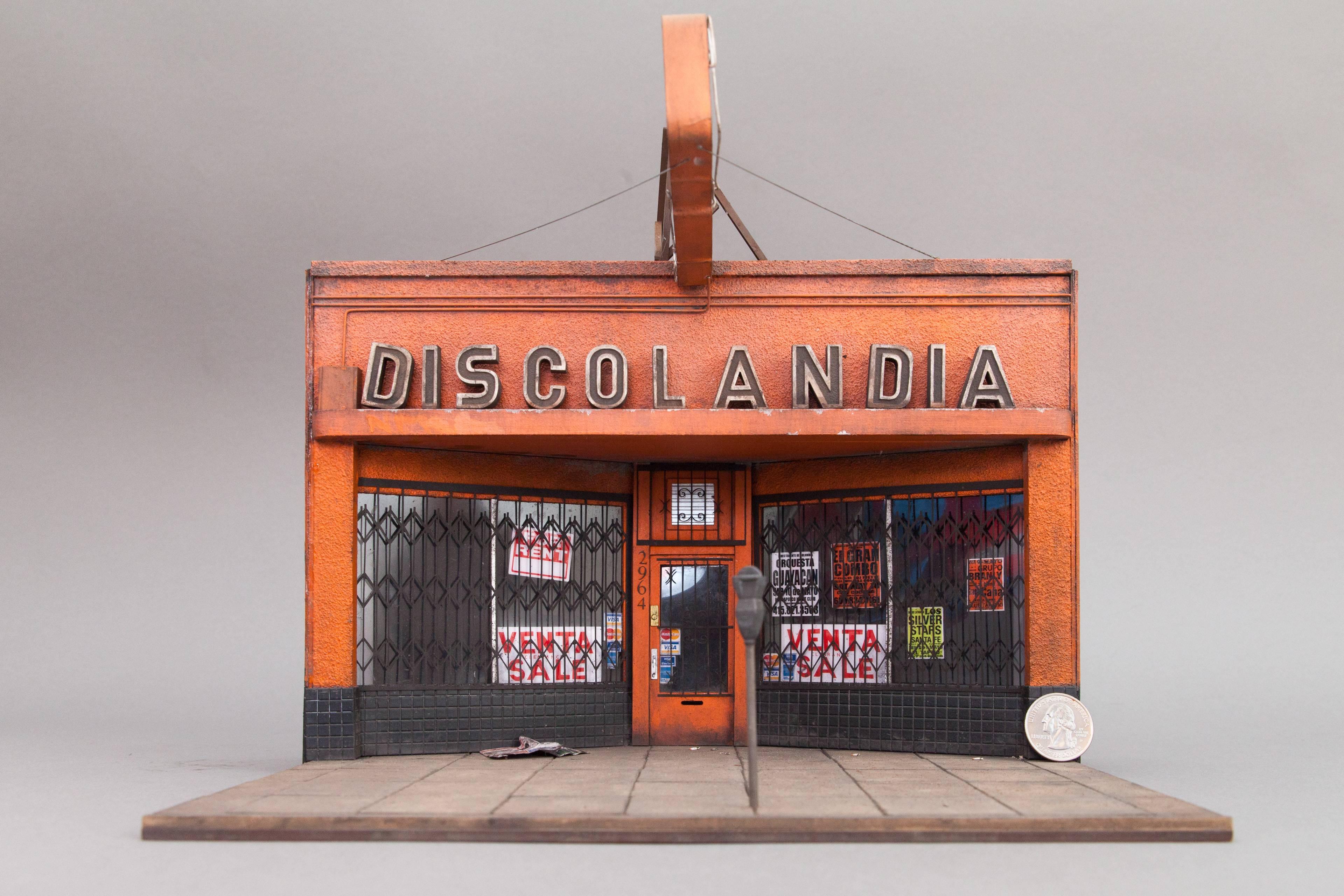 Discolandia - miniature urban building sculpture- street art graffiti - Contemporary Sculpture by Joshua Smith