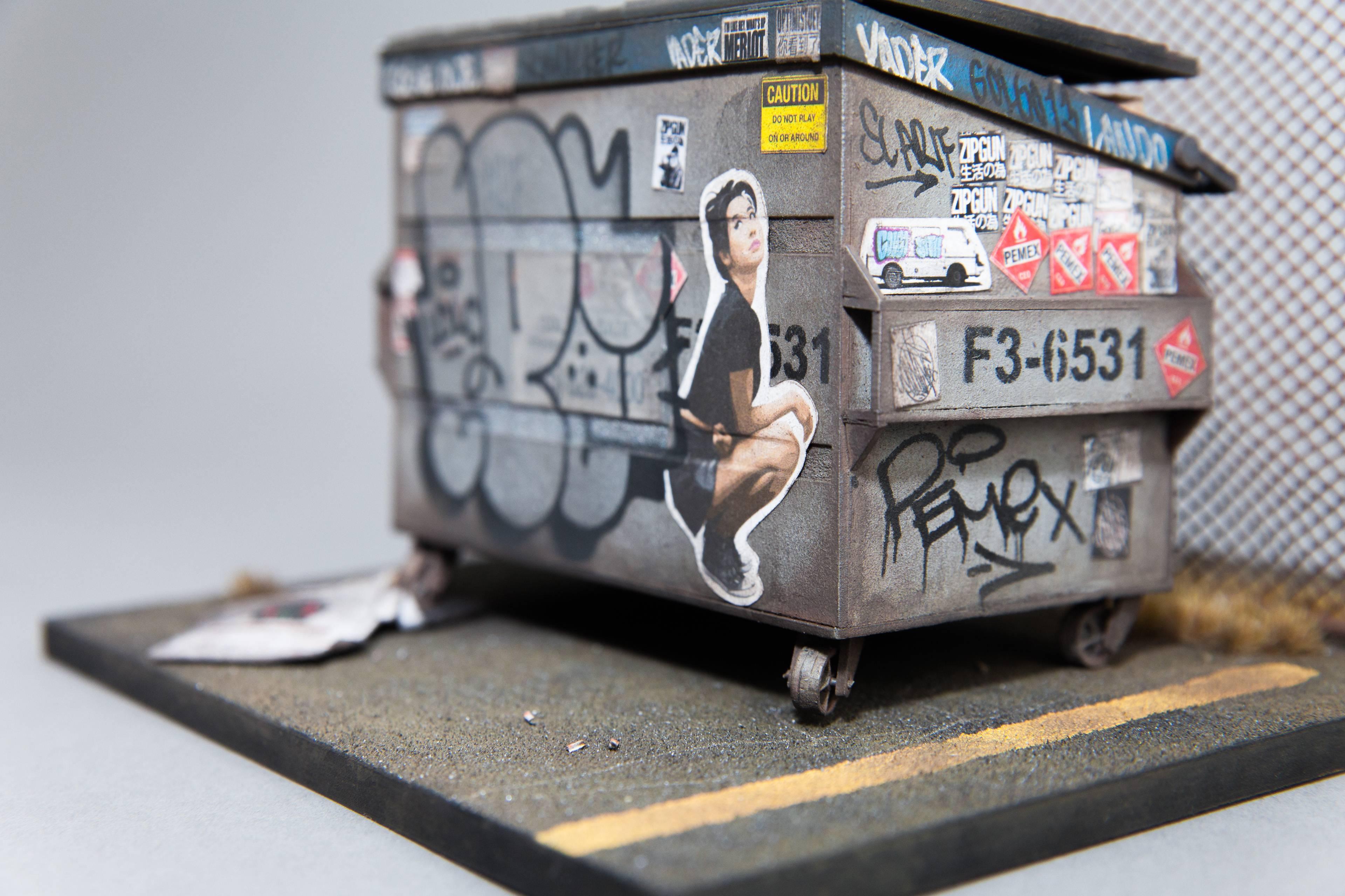 Golden Gate Dumpster - miniature street art graffiti sculpture  - Sculpture by Joshua Smith