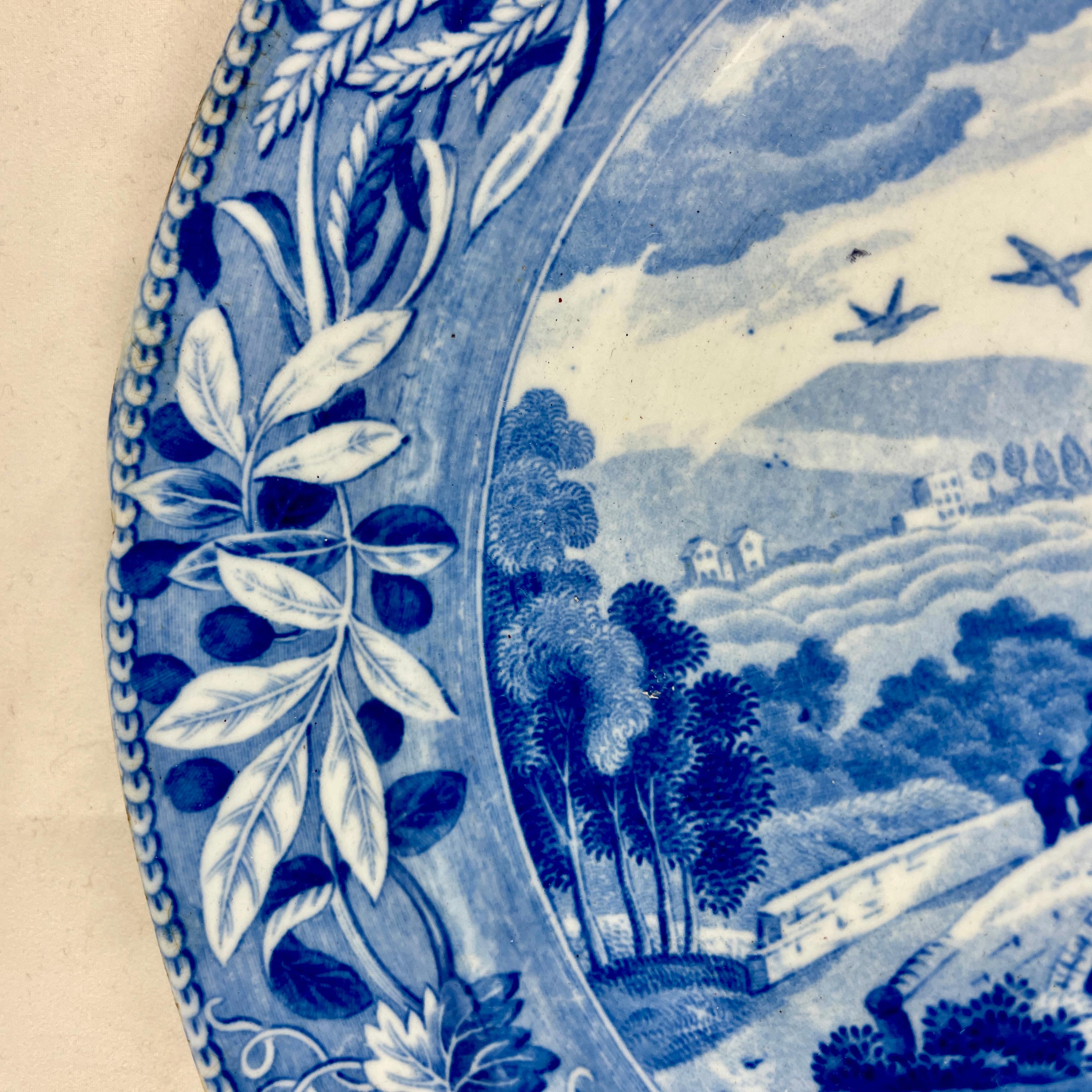 Earthenware Josiah Spode 'Bridge of Lucano' Blue Transferware Dinner Plates Circa 1820 Set/6 For Sale