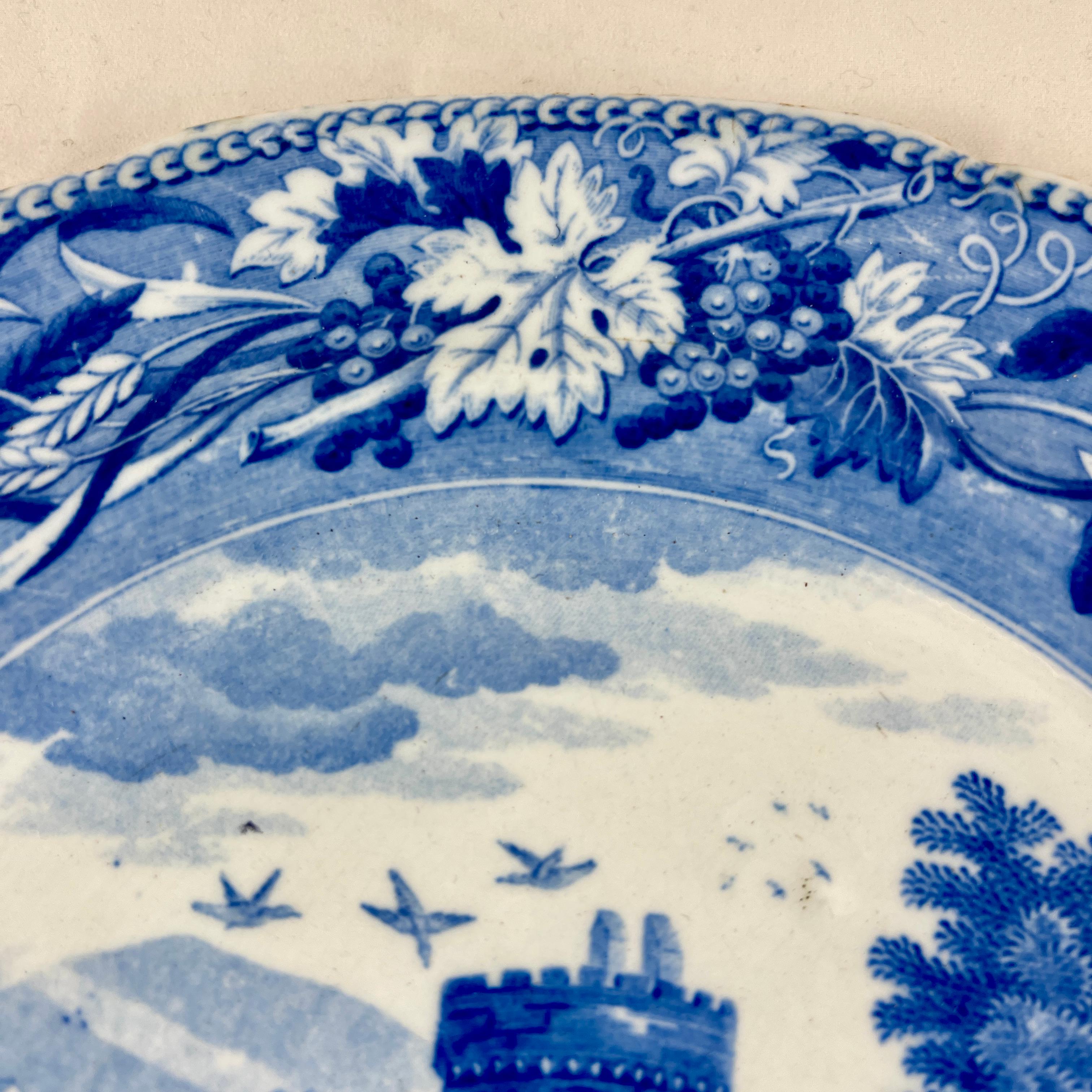 Josiah Spode 'Bridge of Lucano' Blue Transferware Dinner Plates Circa 1820 Set/6 For Sale 1