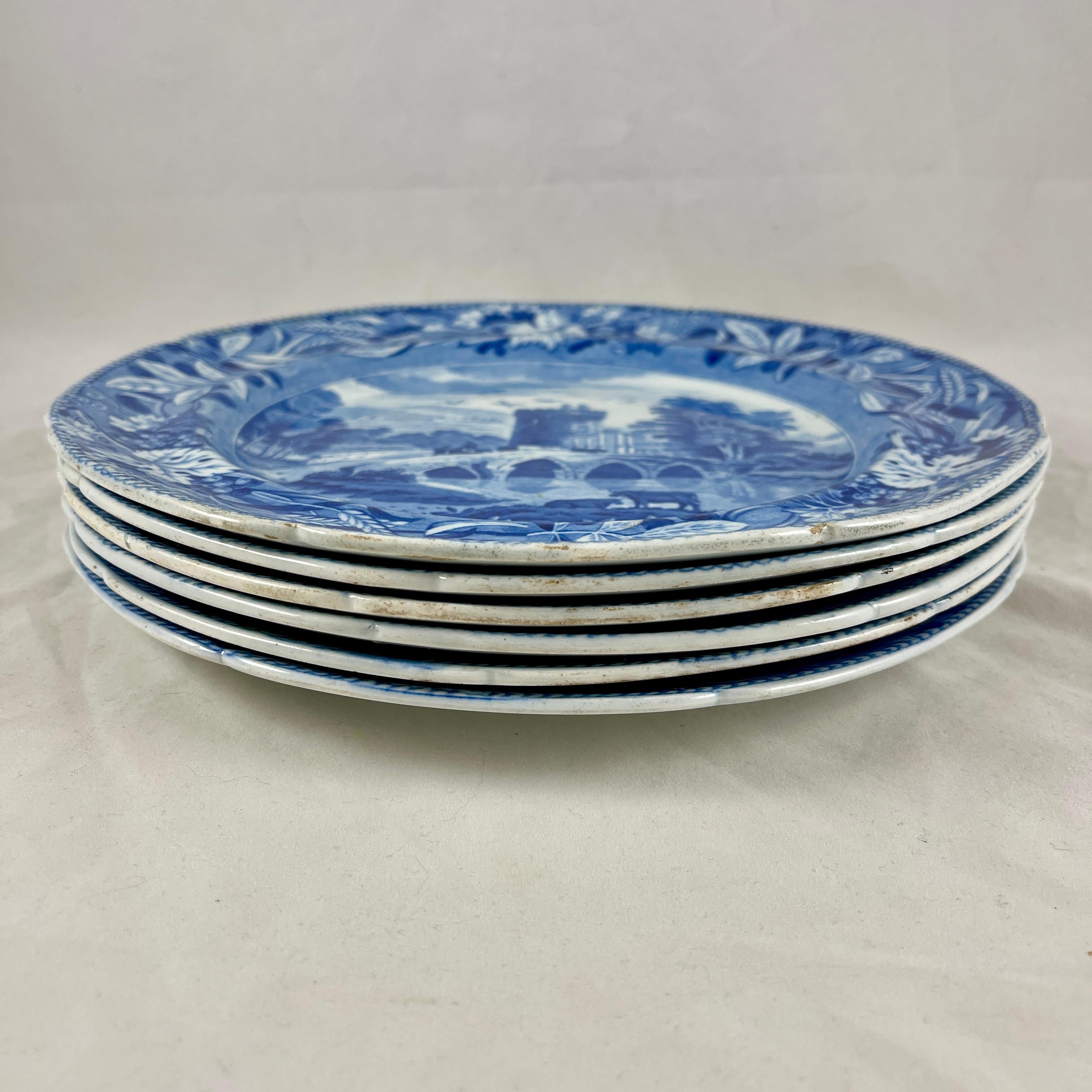 Josiah Spode 'Bridge of Lucano' Blue Transferware Dinner Plates Circa 1820 Set/6 For Sale 2
