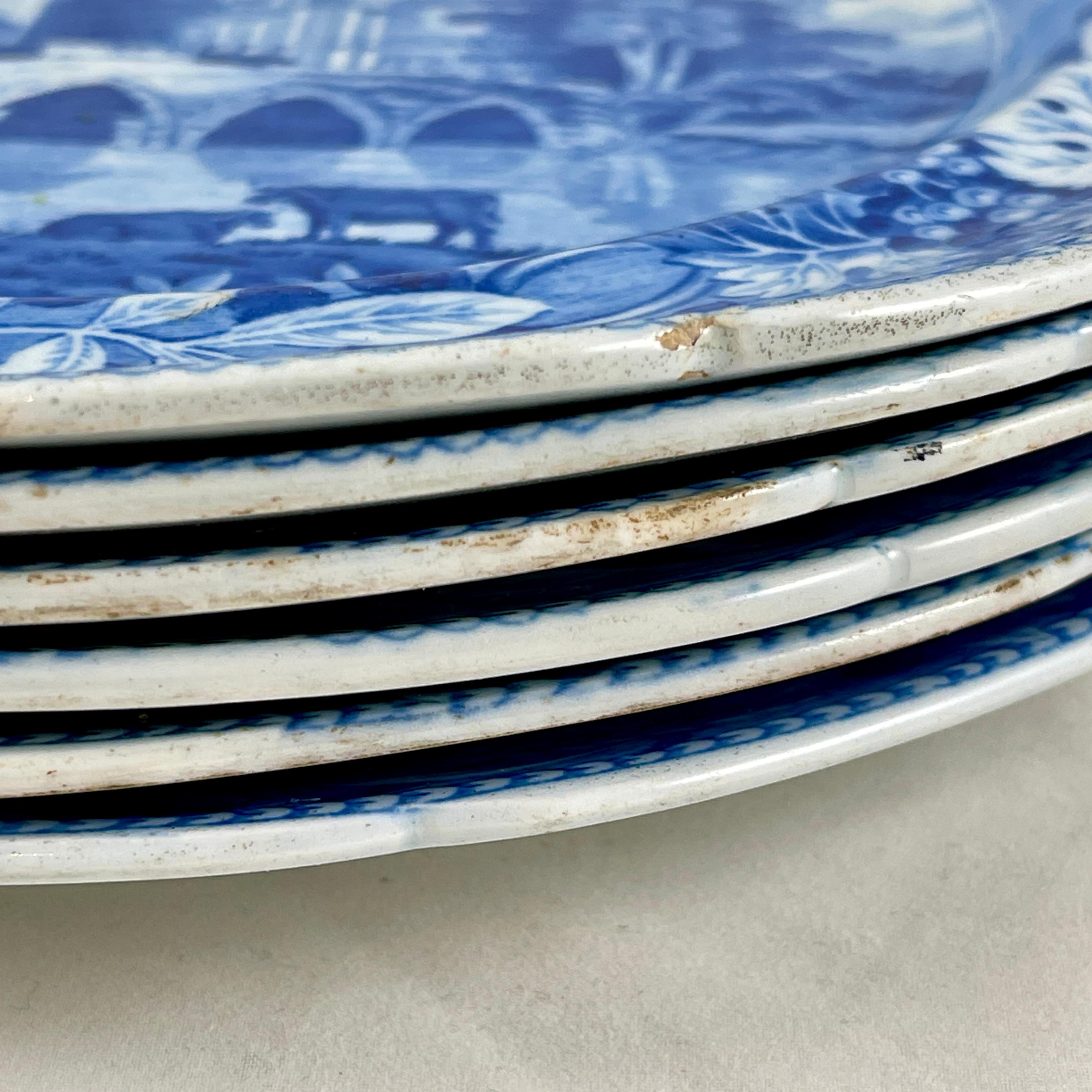 Josiah Spode 'Bridge of Lucano' Blue Transferware Dinner Plates Circa 1820 Set/6 For Sale 6