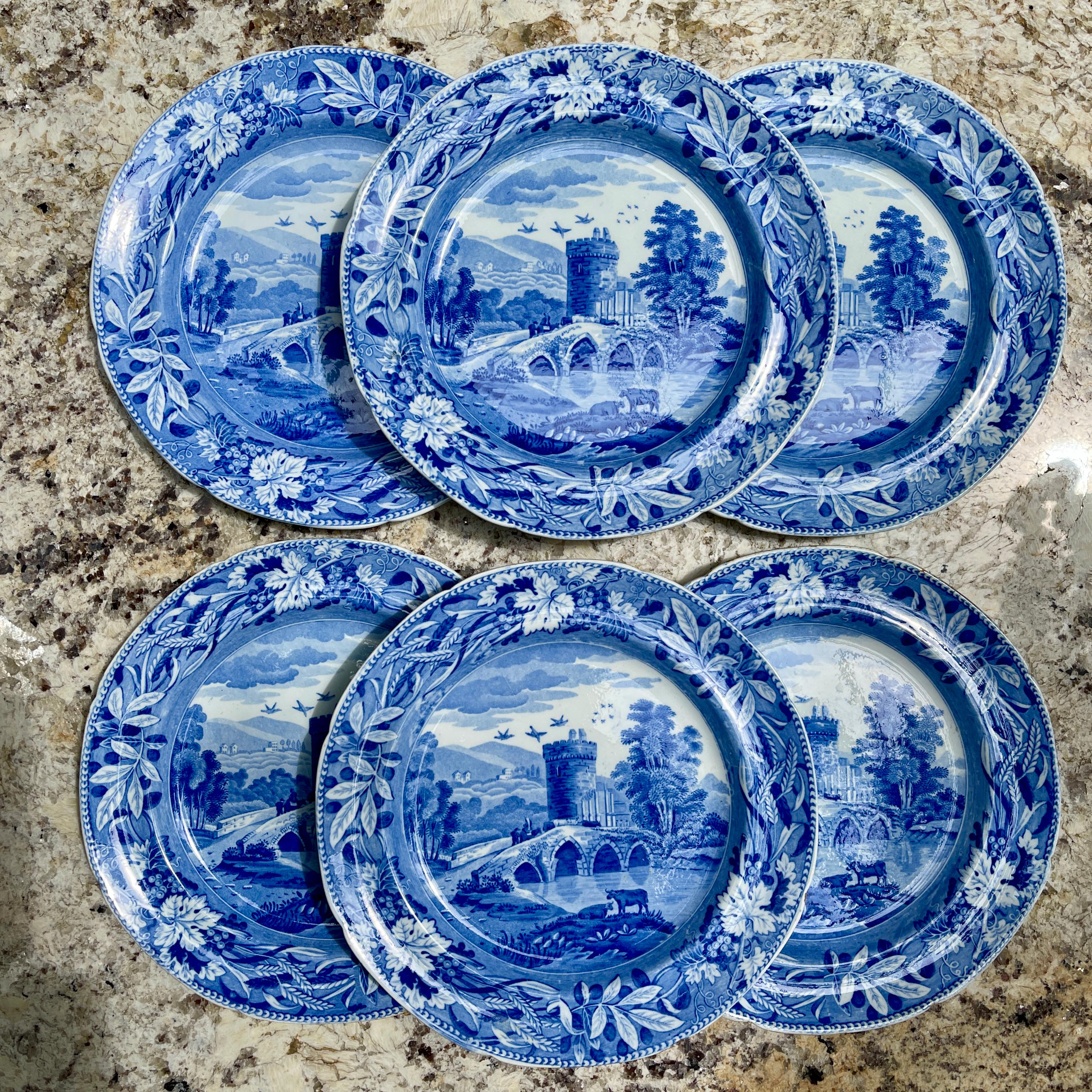 Josiah Spode 'Bridge of Lucano' Blue Transferware Dinner Plates Circa 1820 Set/6 For Sale 7