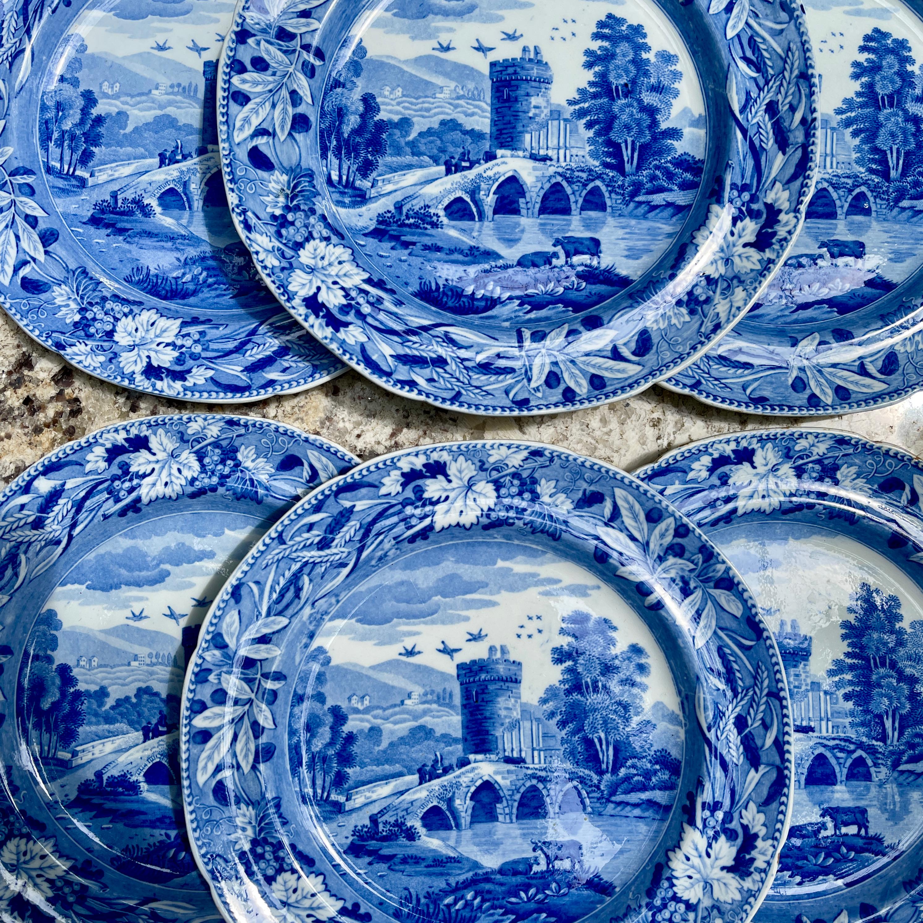 A set of six ‘Lucano’ or ‘Bridge of Lucano’ pattern dinner plates, Spode, Stoke-on-Trent, Staffordshire England, Circa, 1820-1830

Blue on white transfer printed earthenware, showing an Italian scene of a four-arch bridge, a round stone tower,