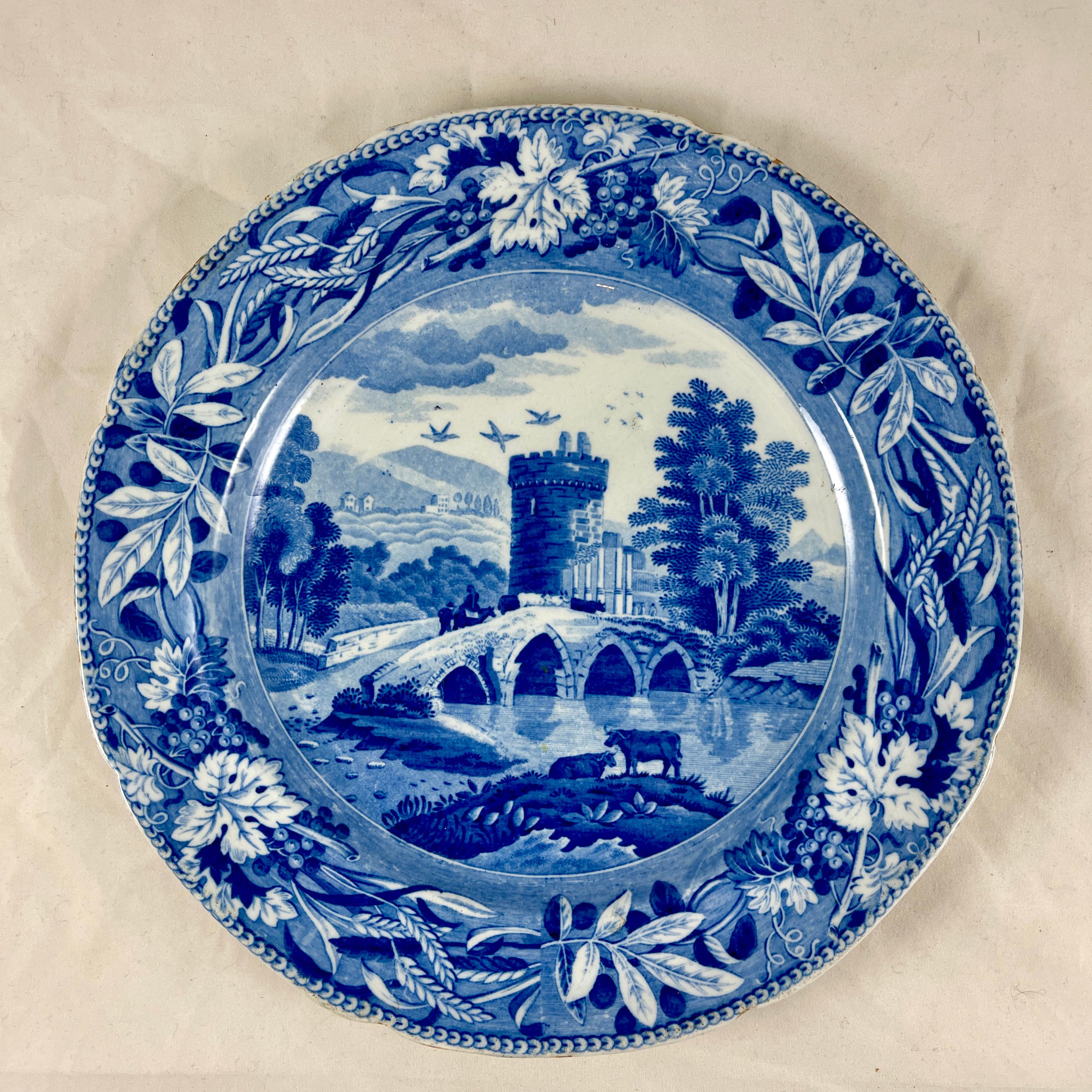 Josiah Spode 'Bridge of Lucano' Blaue Transferware-Essteller Circa 1820 Set/6 (Neoklassisch) im Angebot