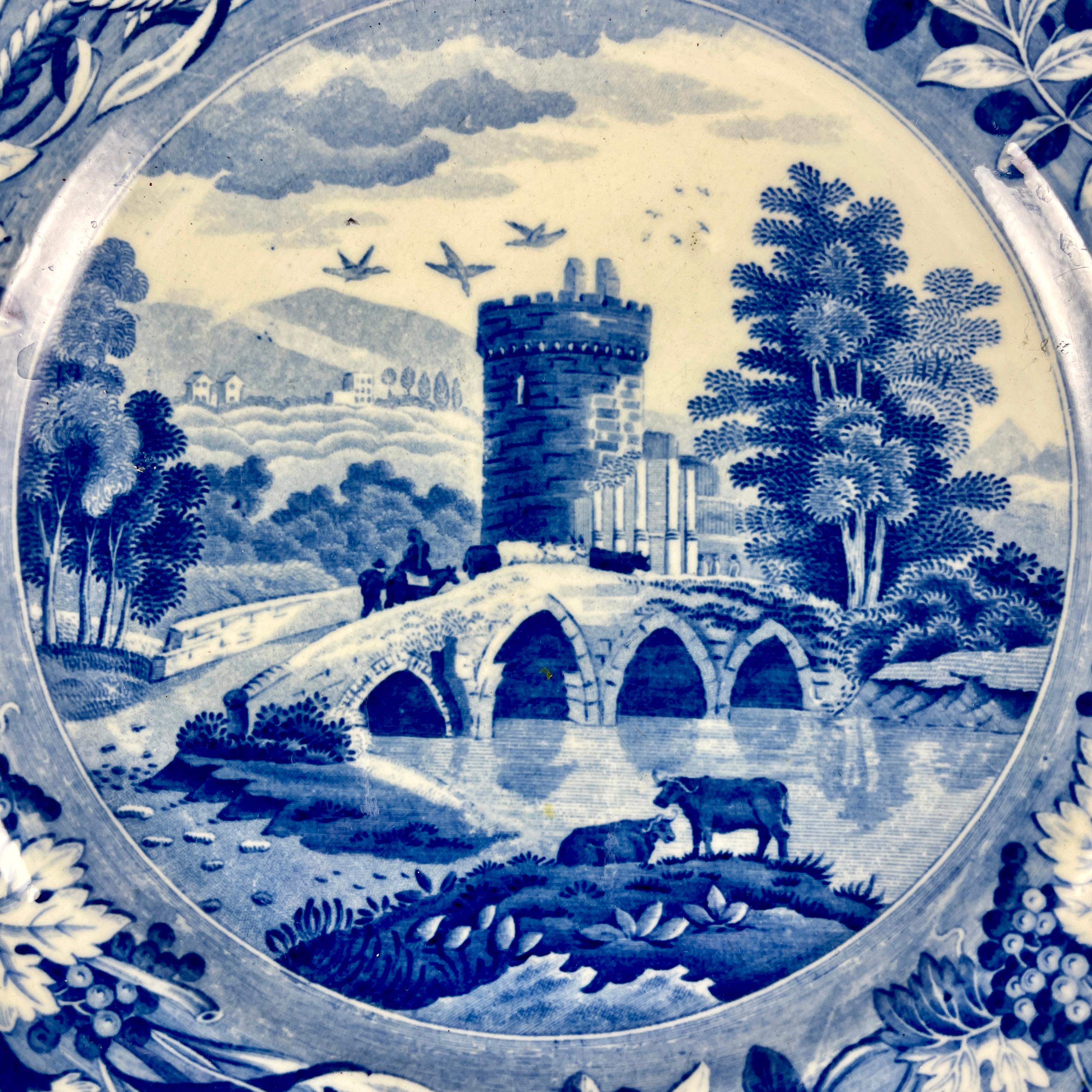 Josiah Spode 'Bridge of Lucano' Blaue Transferware-Essteller Circa 1820 Set/6 (Englisch) im Angebot