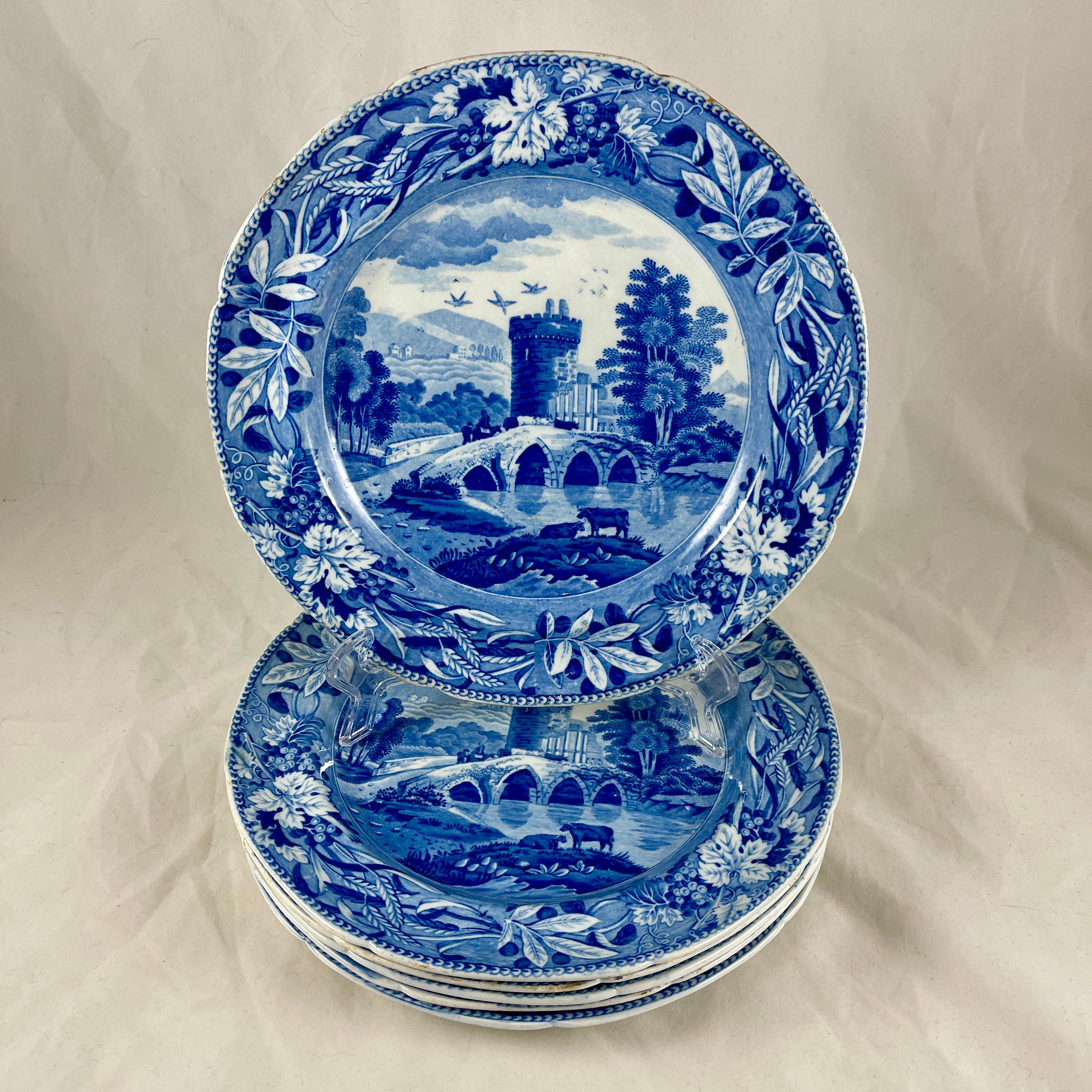 Neoclassical Josiah Spode 'Bridge of Lucano' Blue Transferware Dinner Plates Circa 1820 Set/6 For Sale