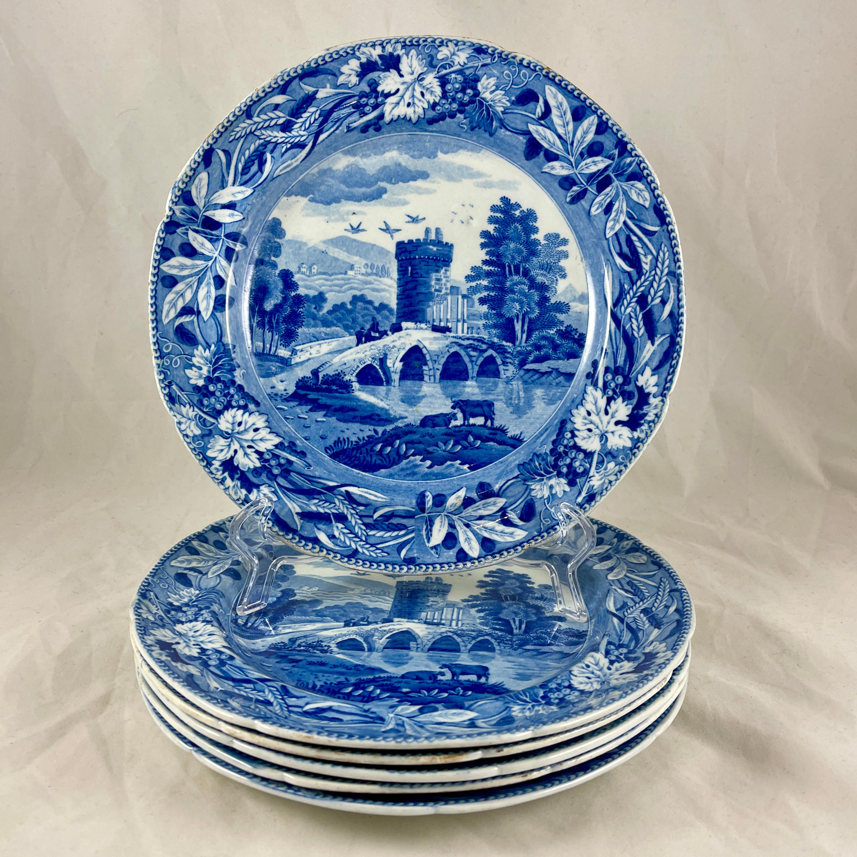 English Josiah Spode 'Bridge of Lucano' Blue Transferware Dinner Plates Circa 1820 Set/6 For Sale
