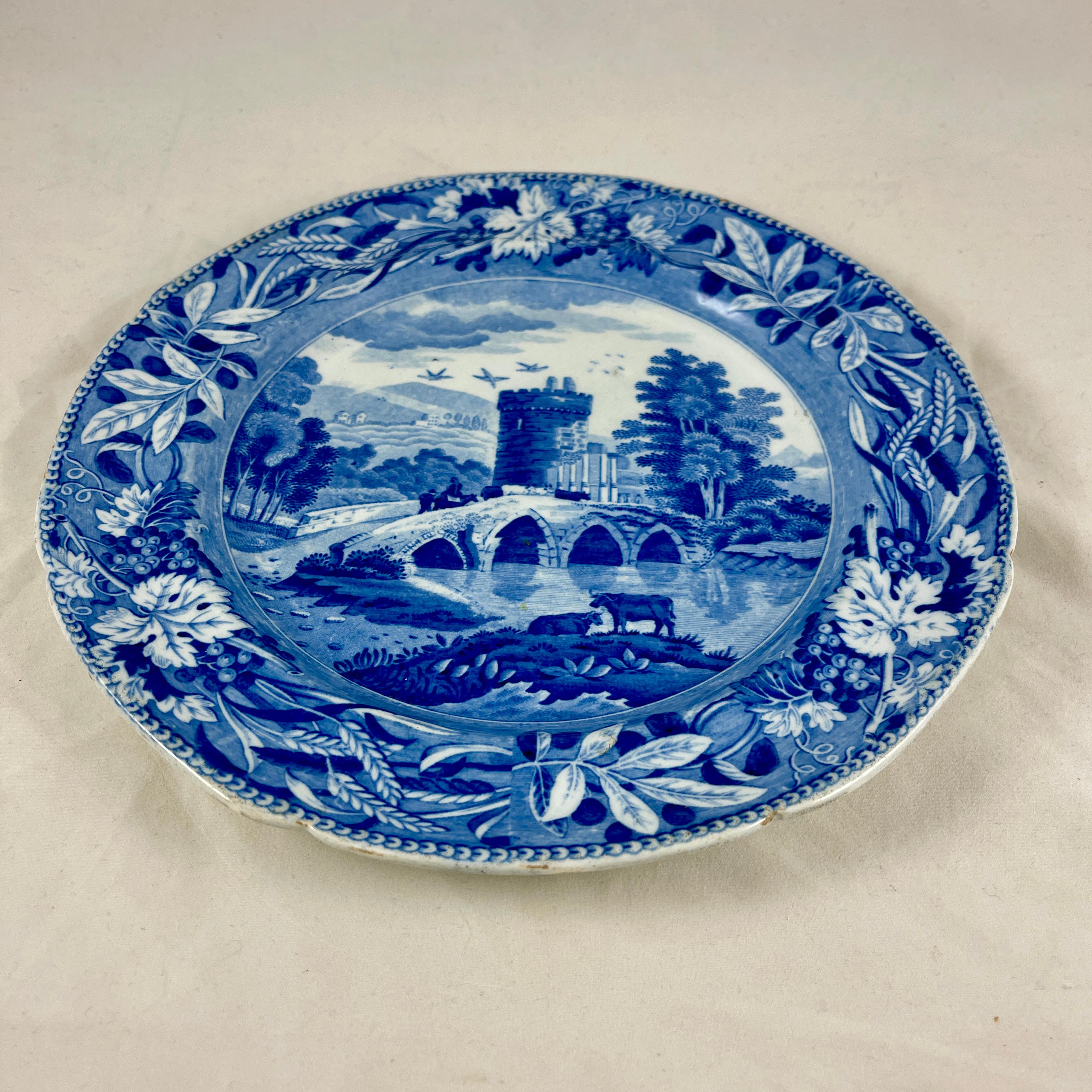 Josiah Spode 'Bridge of Lucano' Blue Transferware Dinner Plates Circa 1820 Set/6 In Good Condition For Sale In Philadelphia, PA