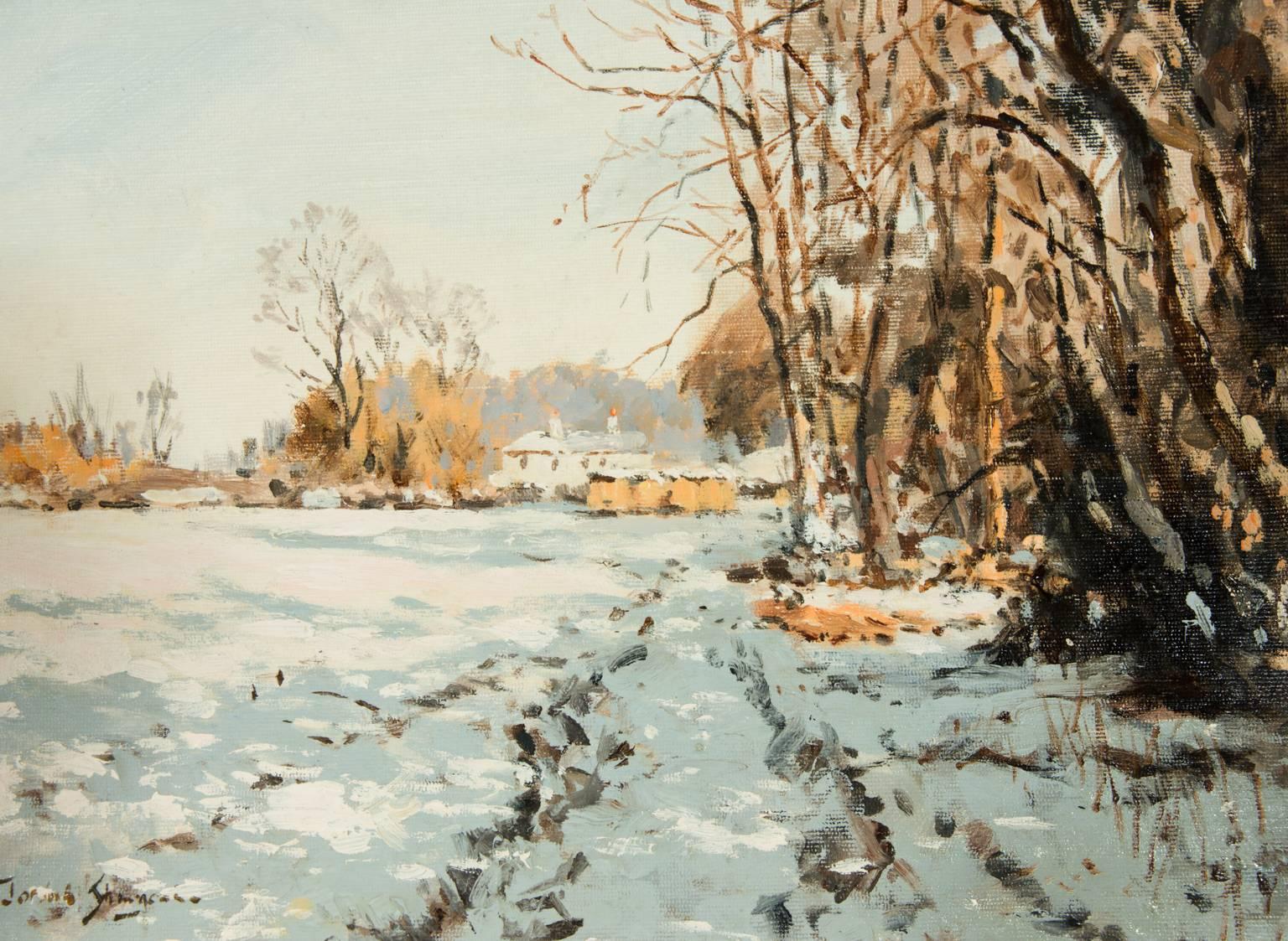 A fine impressionistic wintry landscape by Josiah Sturgeon (1918-2000), signed by the artist in the lower left. Depicting the National Trust Property, Polesden Lacey, in Dorking. This painting was the title picture for the artist's Exhibition of