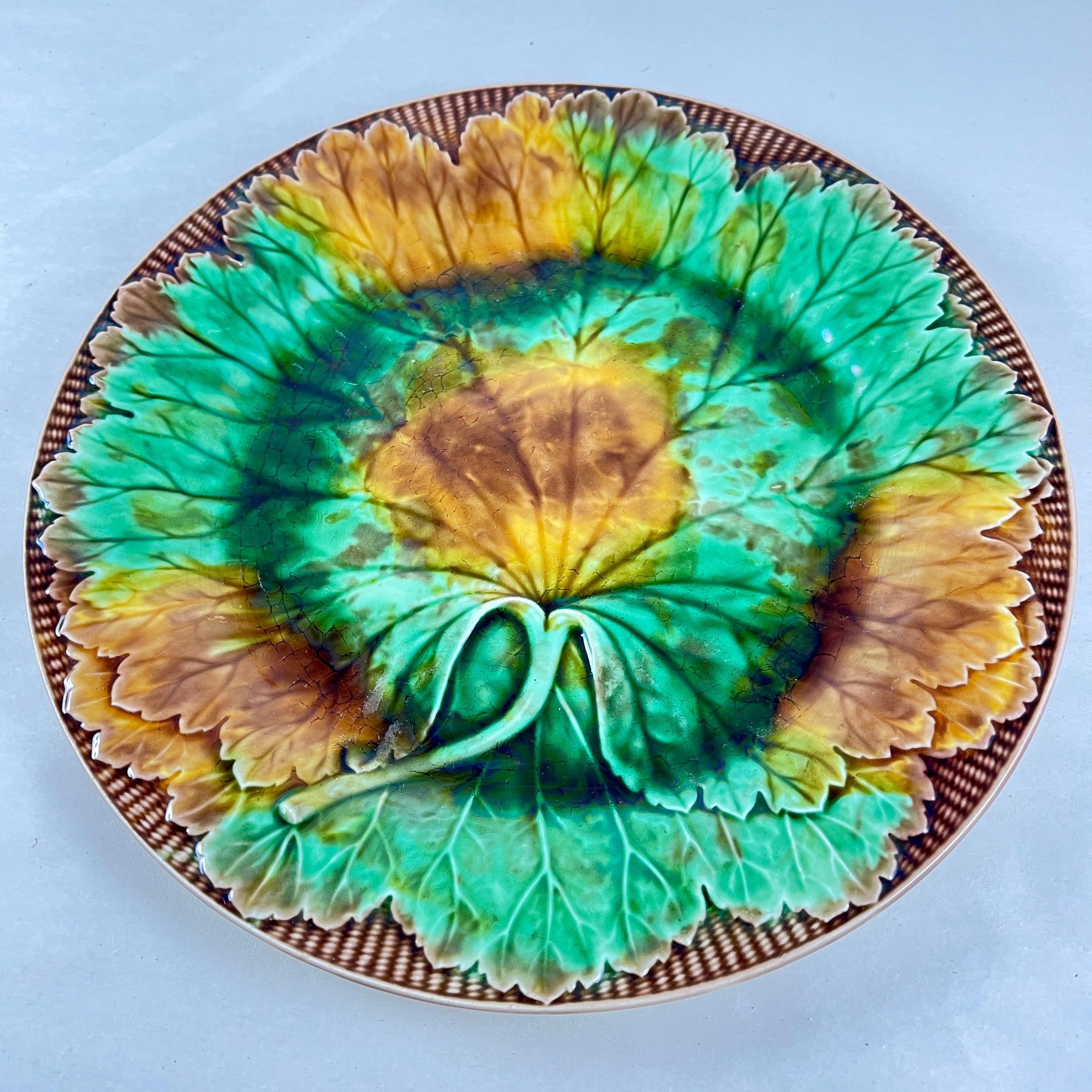Mouvement esthétique Josiah Wedgwood feuille de chou colorée sur plaque de panier en vente