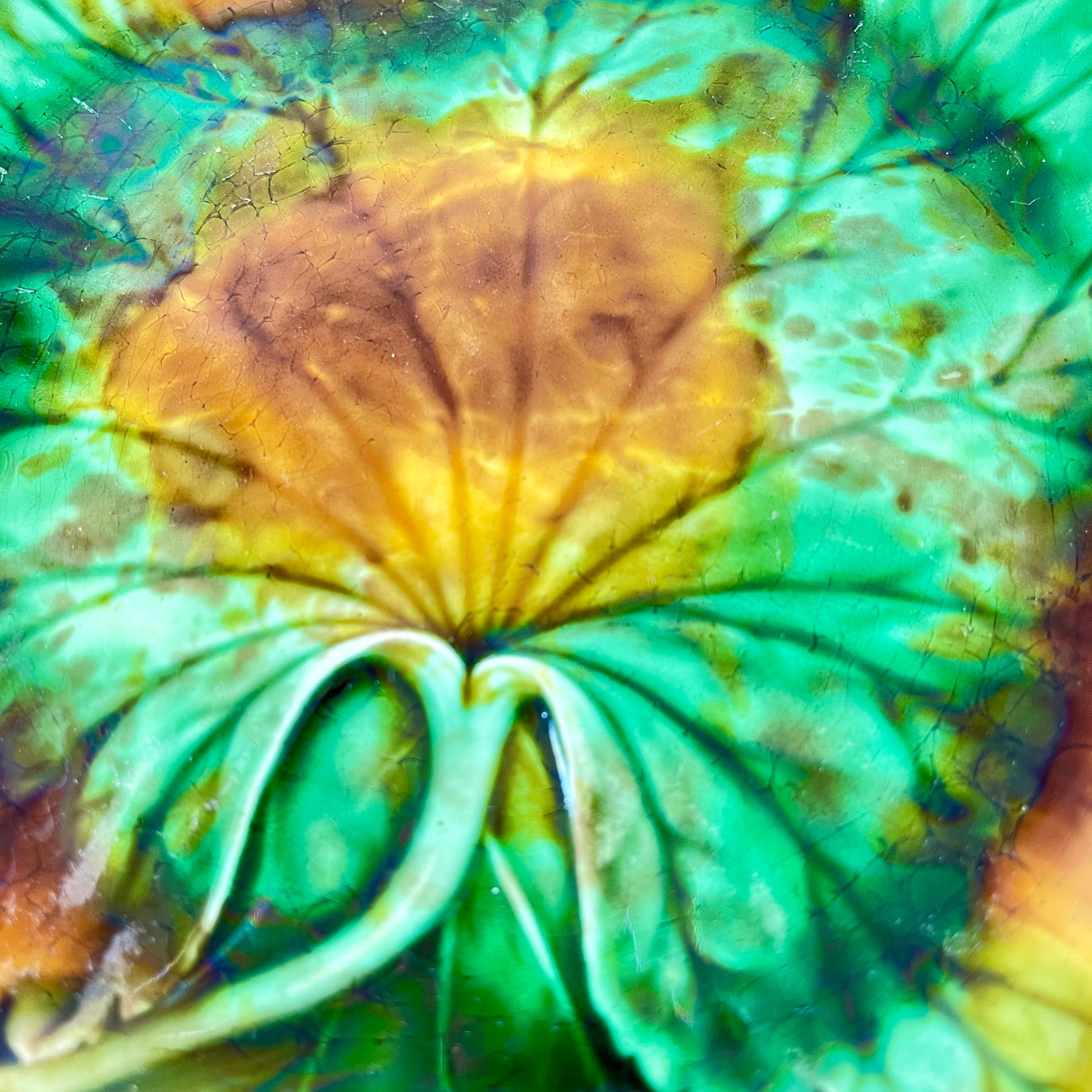 Vernissé Josiah Wedgwood feuille de chou colorée sur plaque de panier en vente