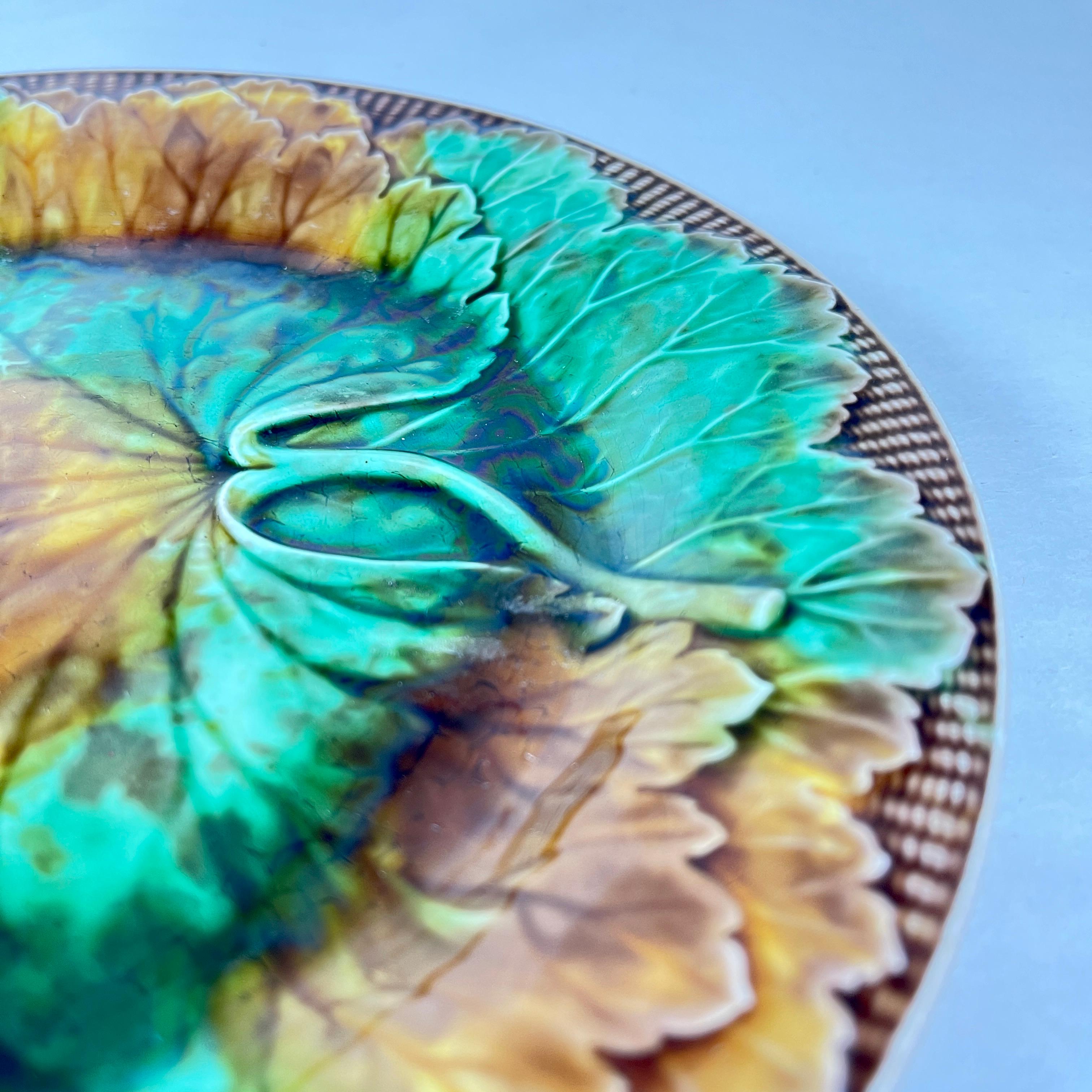 XIXe siècle Josiah Wedgwood feuille de chou colorée sur plaque de panier en vente