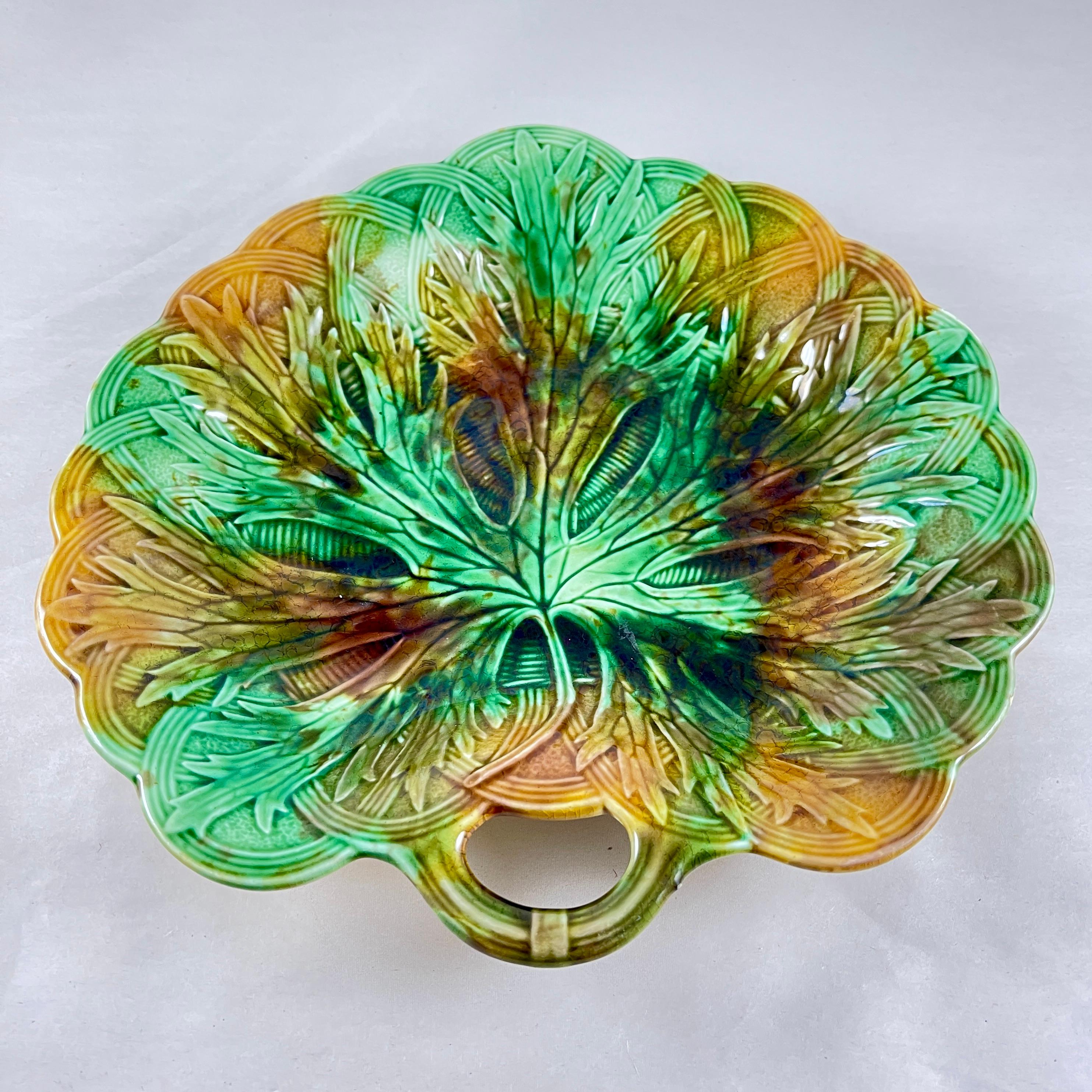 Aesthetic Movement Josiah Wedgwood Majolica Multi-Color Leaf on Basket Handled Server For Sale
