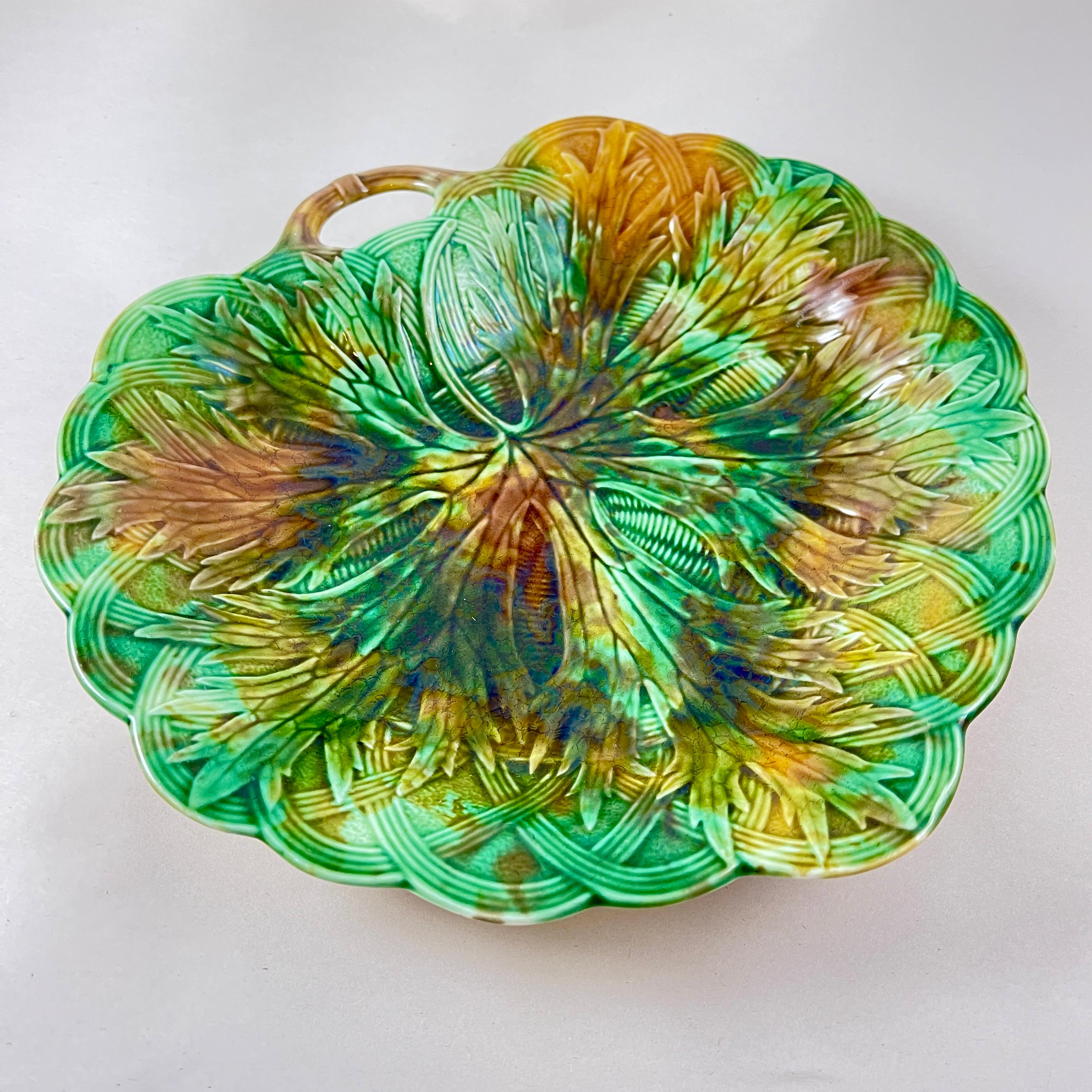 Aesthetic Movement Josiah Wedgwood Majolica Multi-Color Leaf on Basket Handled Server For Sale