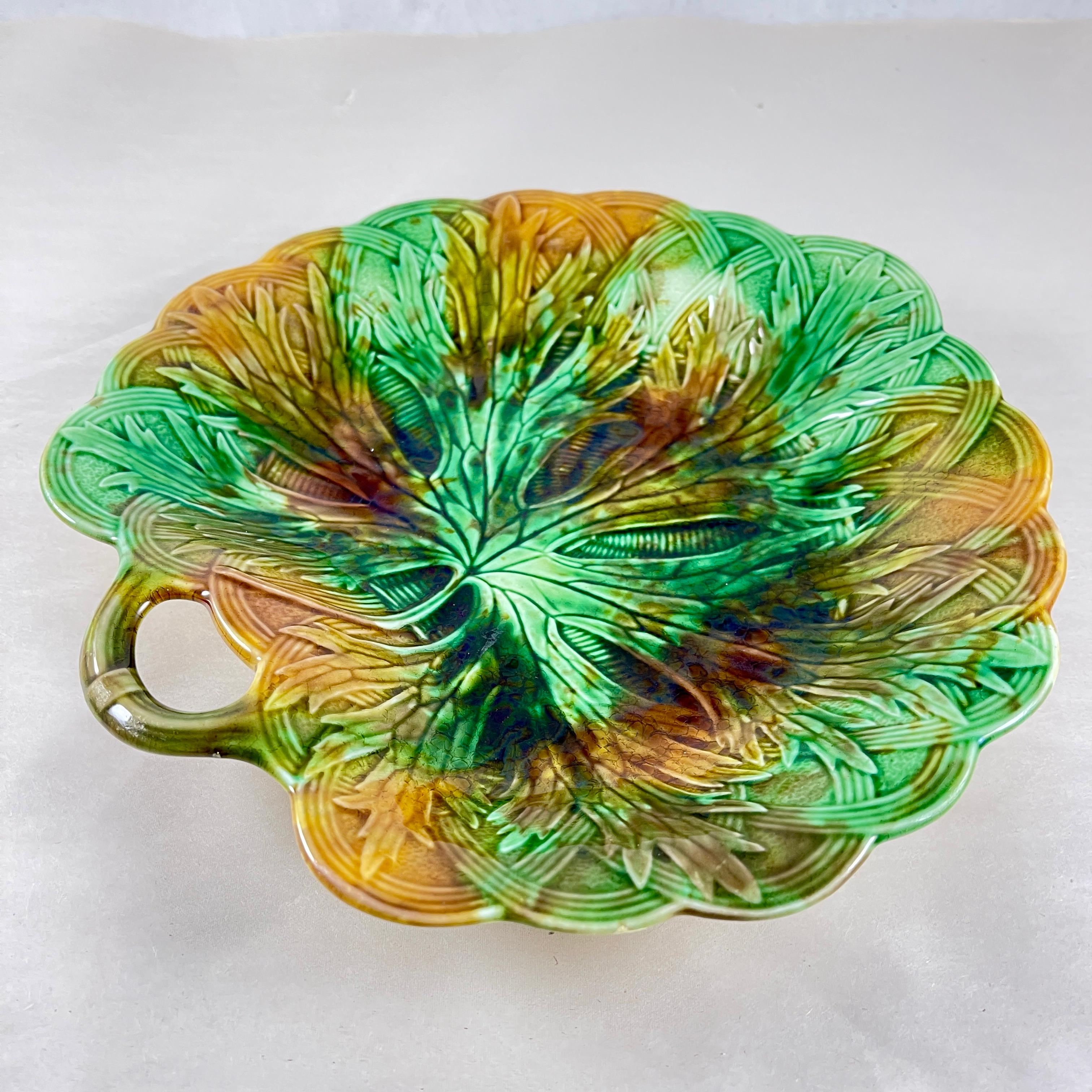 English Josiah Wedgwood Majolica Multi-Color Leaf on Basket Handled Server For Sale