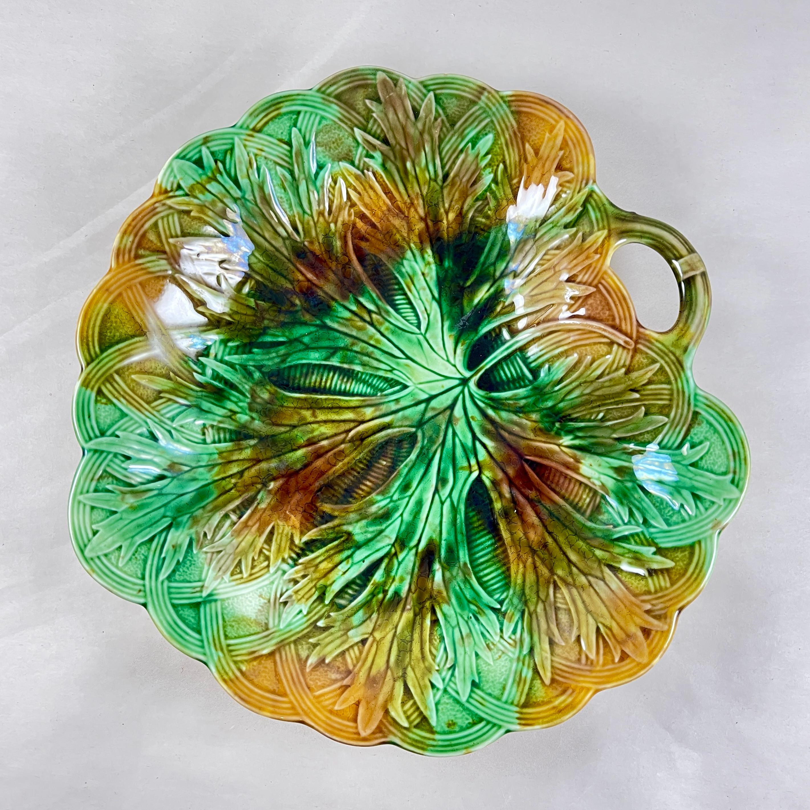 Earthenware Josiah Wedgwood Majolica Multi-Color Leaf on Basket Handled Server For Sale