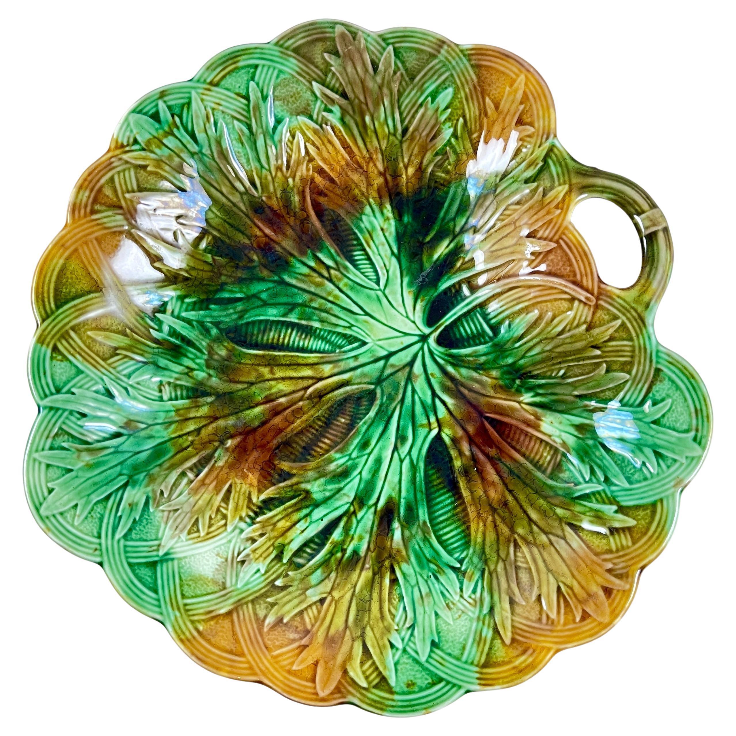 Josiah Wedgwood Majolica Multi-Color Leaf on Basket Handled Server For Sale